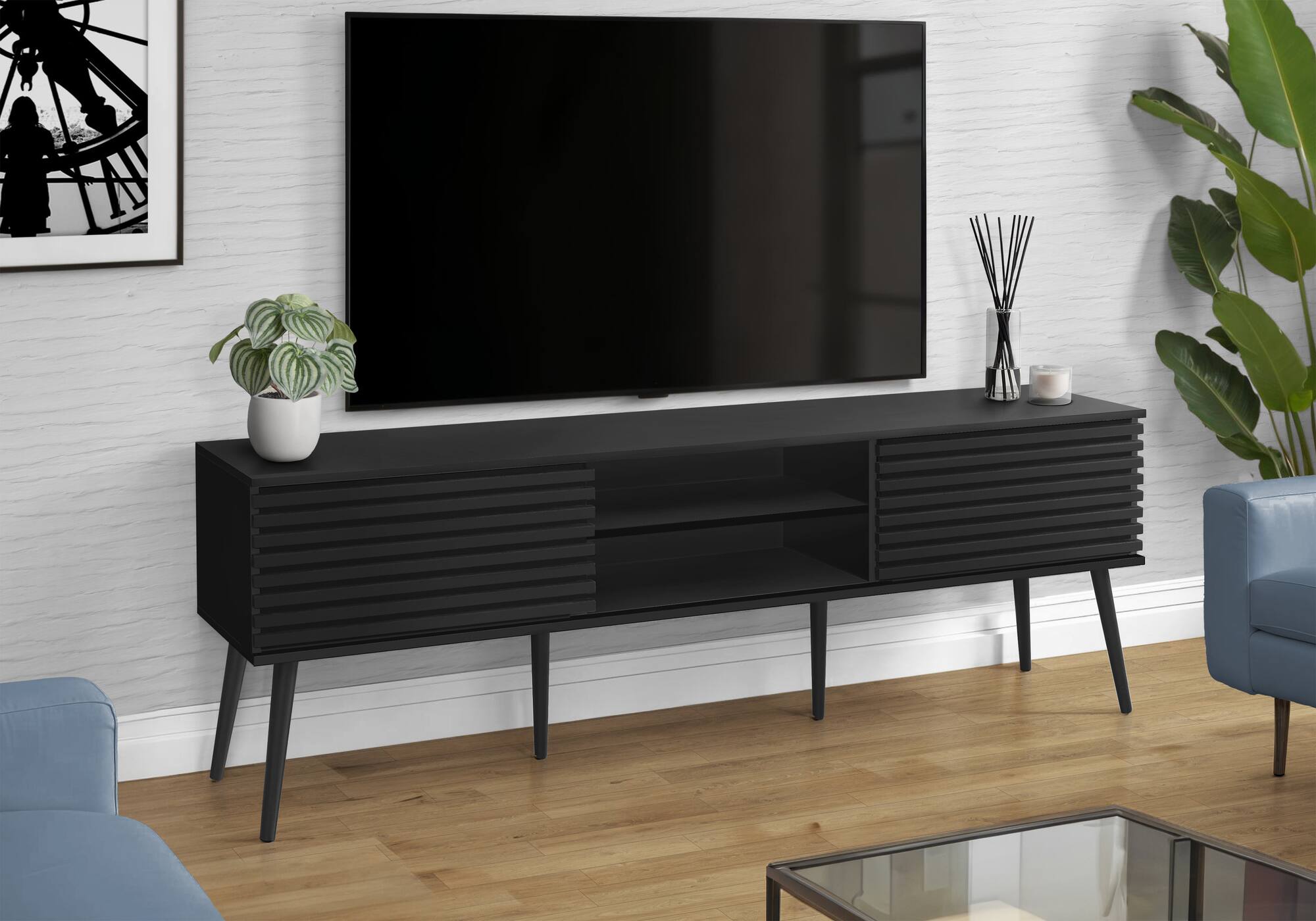 Front. Spaco - Spaco TV Stand for TVs Up to 80", 72” Entertainment Center Media Console with Laminate, Sliding Doors, Solid Wood Legs - Black.