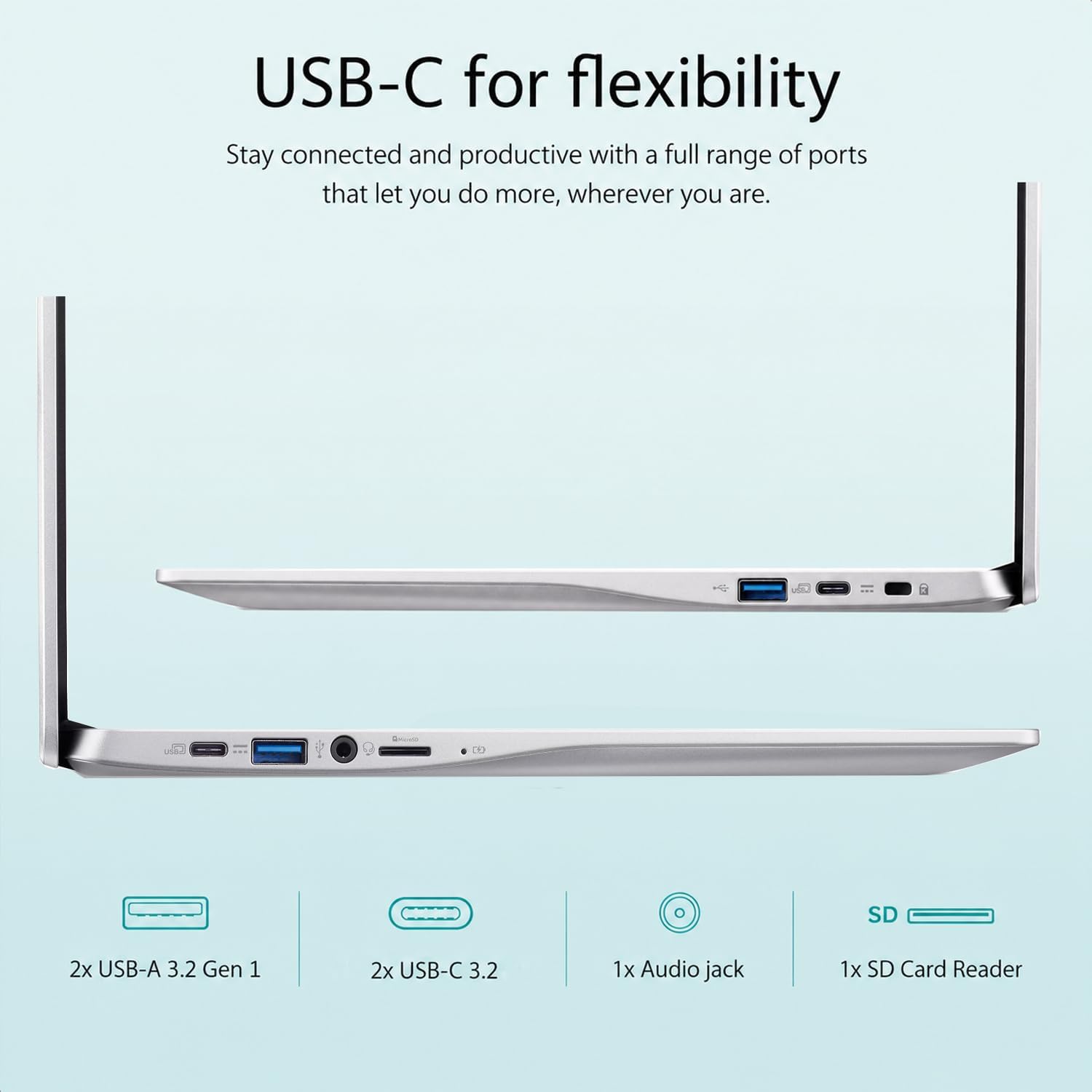 USB-C for flexibility  
Stay connected and productive with a full range of ports that let you do more, wherever you are.  

2x USB-A 3.2 Gen 1  
2x USB-C 3.2  
1x Audio jack  
1x SD Card Reader