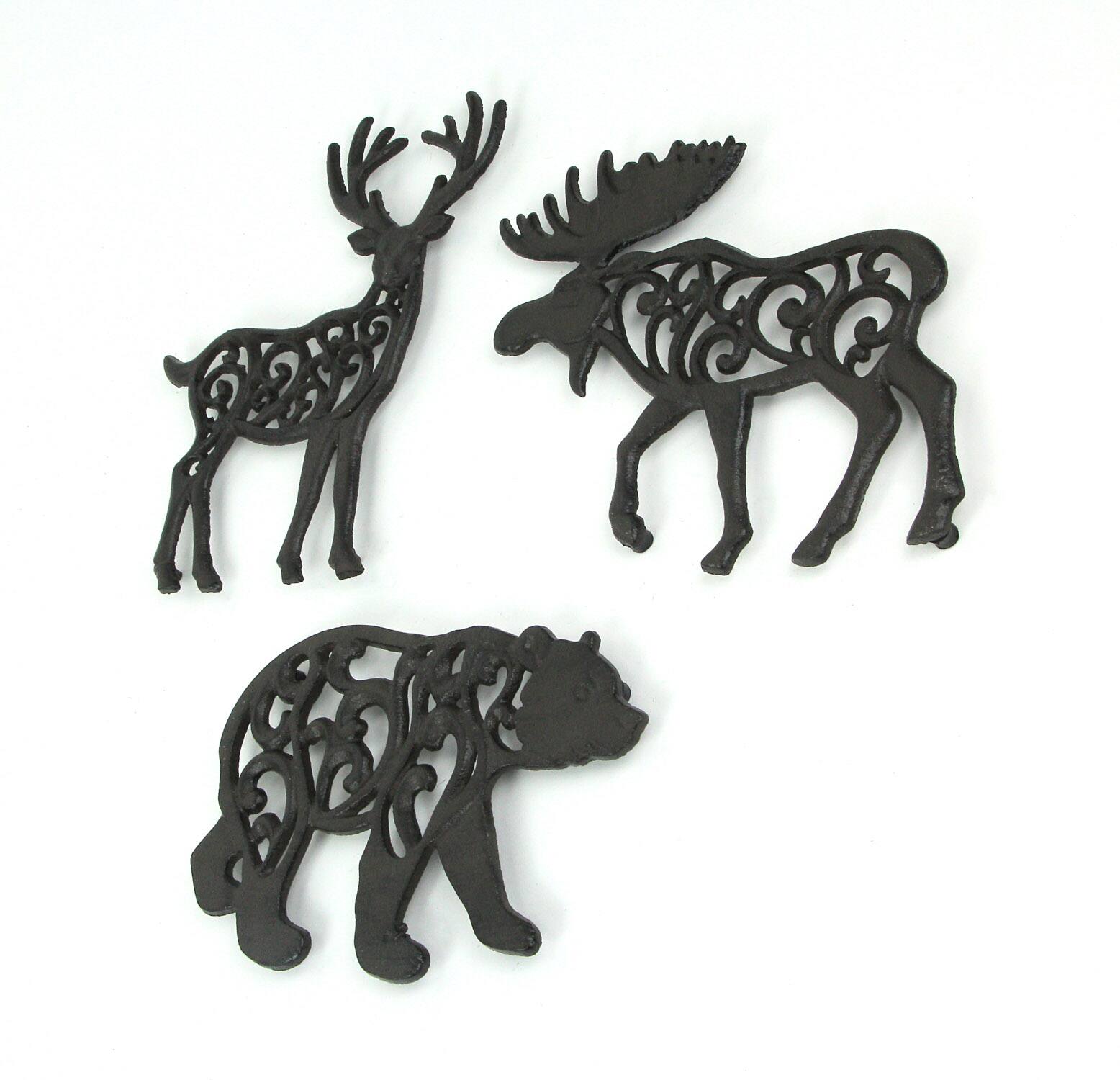 Alt View 1. Zeckos - Set of 3 Cast Iron Lodge Design Kitchen Trivets Wall Hanging Art Deer Moose Bear - Brown.