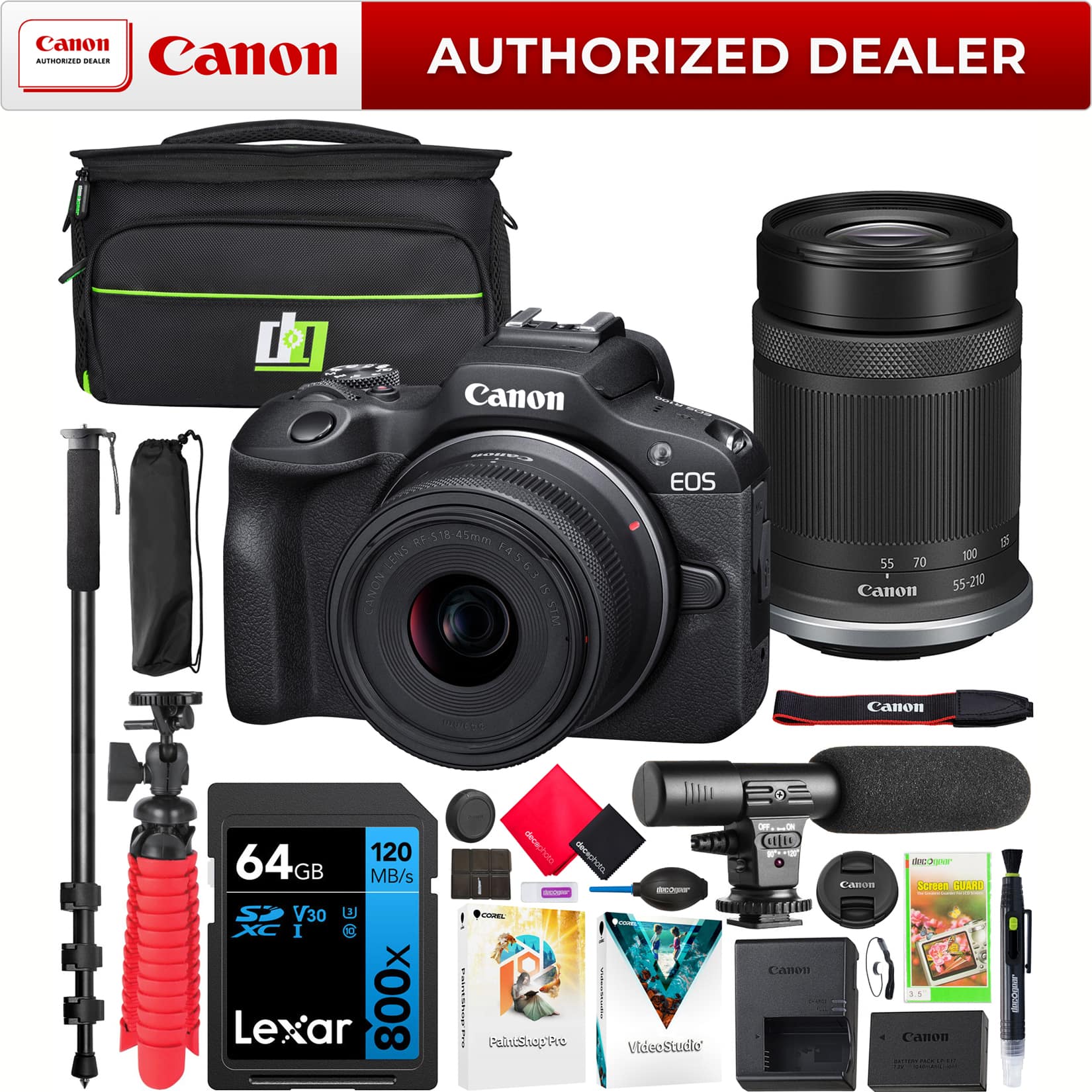 Canon AUTHORIZED DEALER

Canon EOS

Canon EF 58mm f/1.8 USM

Canon 55-210mm

Canon 120

64GB 120MB/s V30 U3 800x Lexar

Canon

Canon Street SUARD

Canon COOe

VideoStudlo

Palishaep