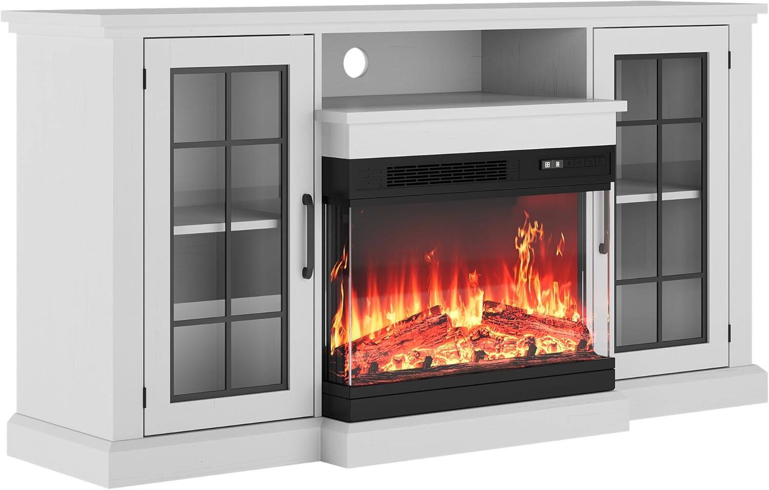 Alt View 2. Qeetex - 59" TV Stand with 24" 3-Sided Glass Fireplace, 12 LED Flame Colors, 750/1500W, Storage for 65" TV.