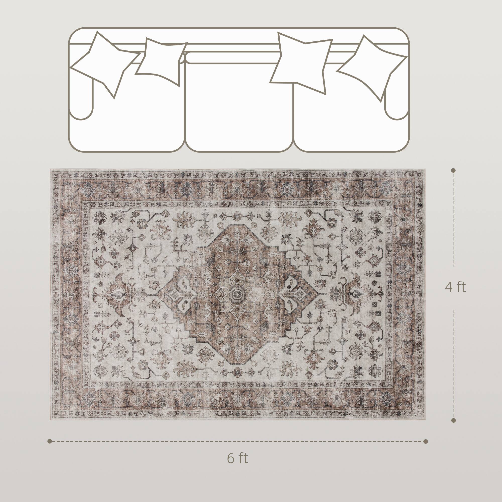 Alt View 3. Homcom - HOMCOM 4x6 Tan Rug: Vintage Mach-Wash Non-Slip Distress Indoor Carpet, Living Room Area - Tan.