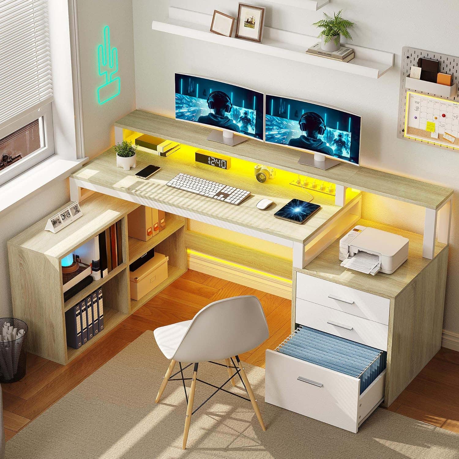 Zell Electronics - 65 Inch White-Oak L-Shaped DeskPower Outlets, LED Lights, Drawers & Shelves for Home Office - Oak &amp; White