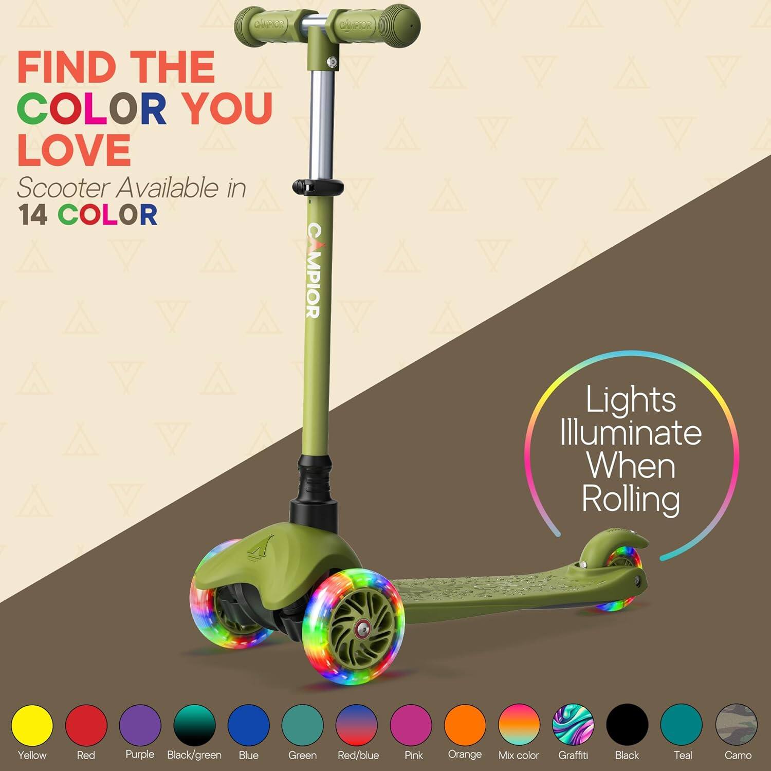 A3IDR FIND THE COLOR YOU LOVE Scooter Available in 14 COLOR CAMPIOR 00702 Lights Illuminate When Rolling Yellow Red Purple Black/green Blue Green Red/blue Pink Orange Mix color Graffiti Black Teal Camo