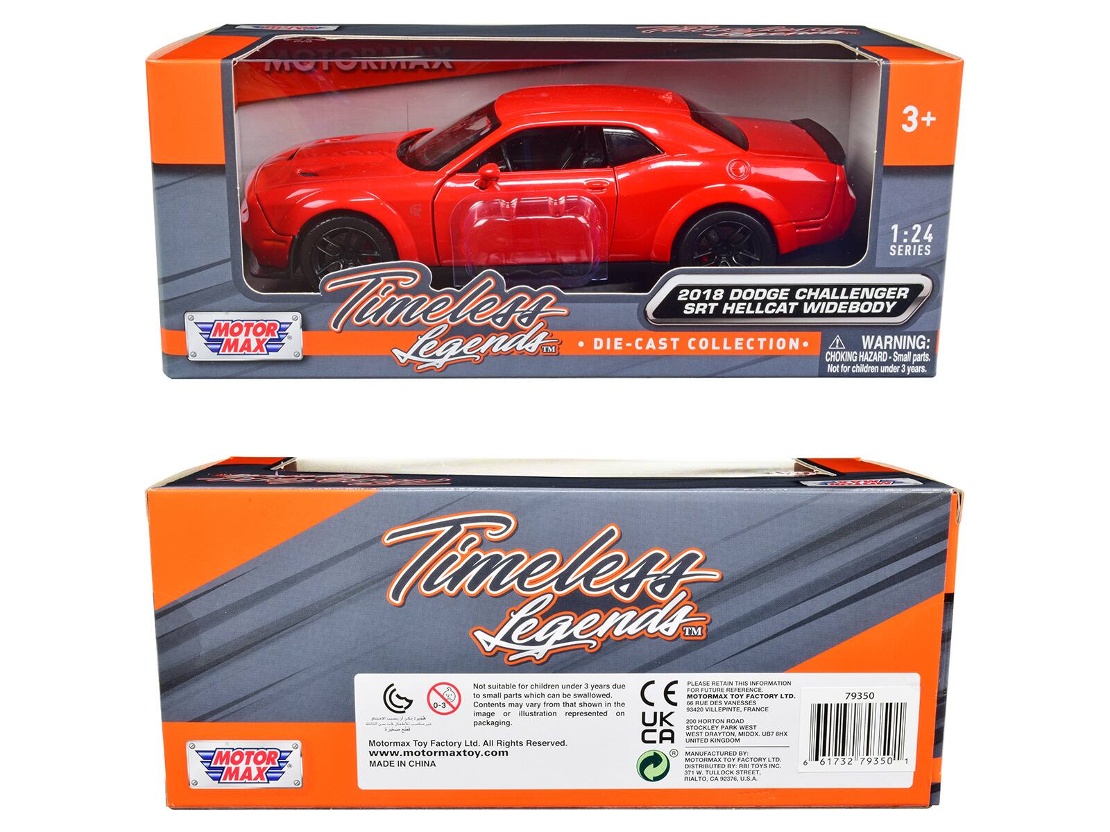MOTORMAX 3+ 1:24 SERIES 2018 DODGE CHALLENGER MOTOR Timeless SRT HELLCAT WIDEBODY MAX Legends TM DIE-CAST COLLECTION

WARNING: CHOKING HAZARD Small parts. Not for children under 3 years.

Timeless Legends TM

PLEASE RETAIN THIS INFORMATION

Not suitable for children under 3 years due to small parts which can be swallowed

Contents may vary from that shown in the illustration represented on packaging.

MOTORMAX TOY FACTORY LTD. All Rights Reserved

www.motormaxtoy.com

MANUFACTURED IN CHINA

MOTORMAX TOY FACTORY LTD.
320 HORTON STREET
WEST ORTON, MIDDLESEX, UB8 1HX
UNITED KINGDOM

MOTORMAX TOY FACTORY LTD.
61732 79350 1