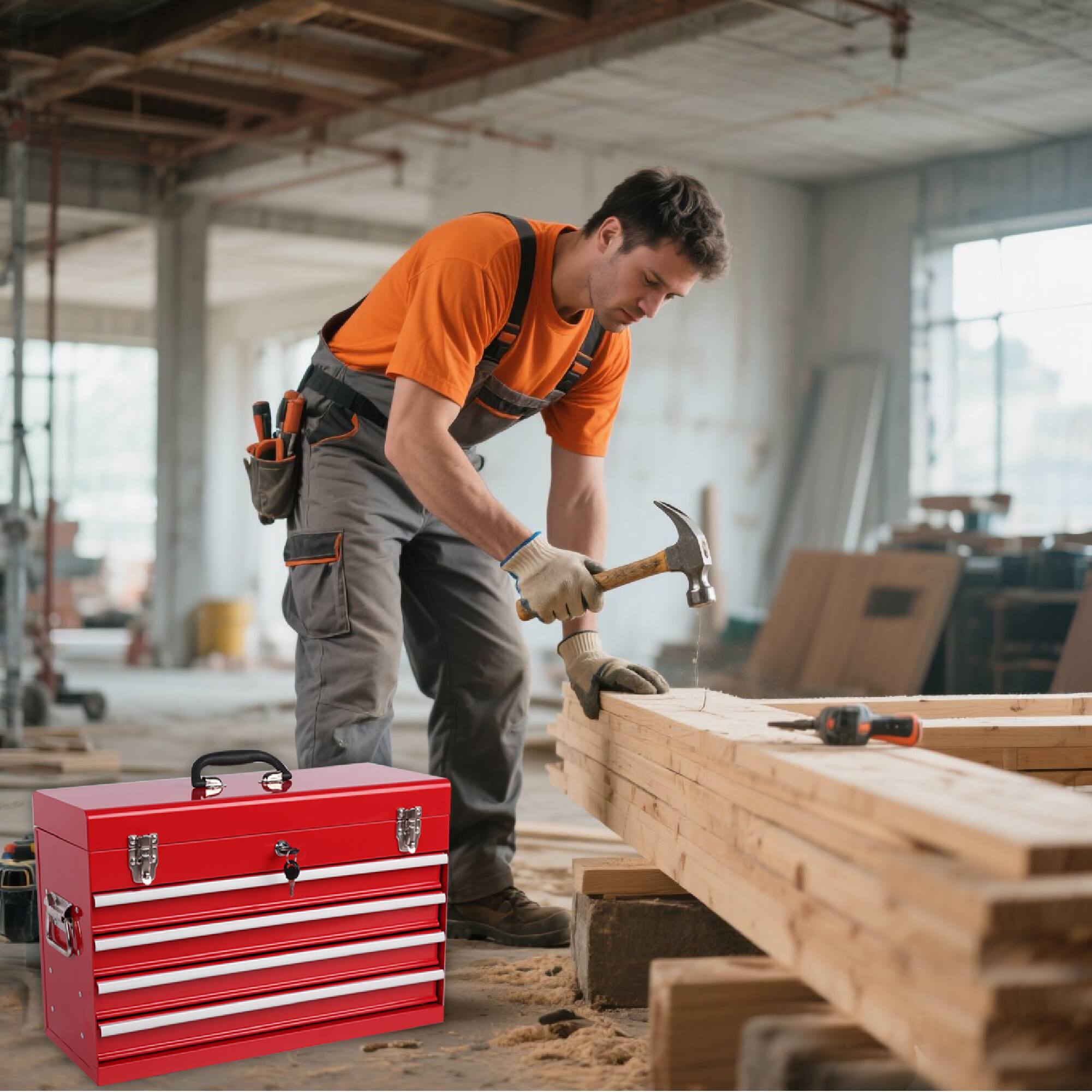 Alt View 1. Ecooso - 21" Heavy-Duty Metal Tool Box with 4 Drawers, Lockable Storage Organizer - Red.