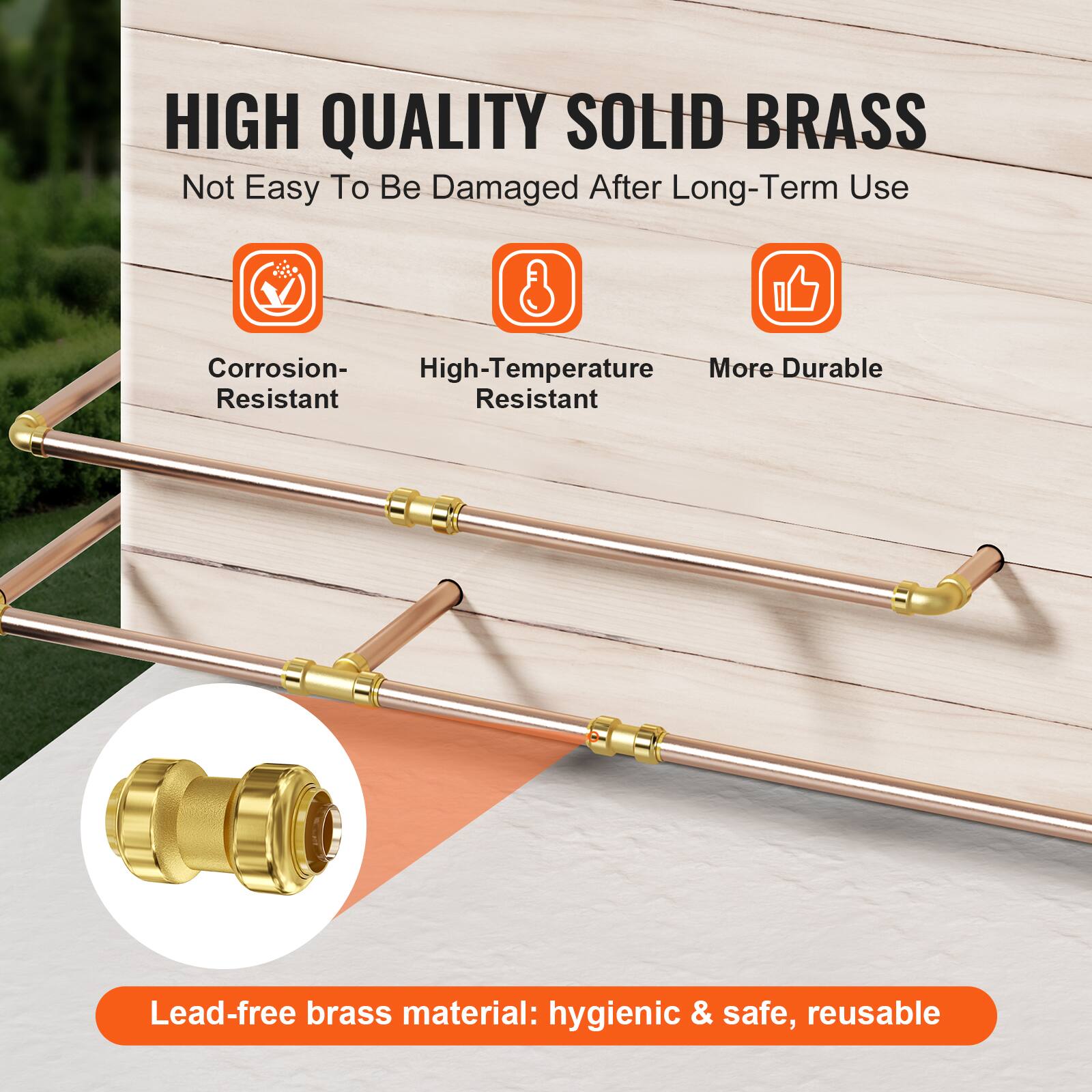 HIGH QUALITY SOLID BRASS  
Not Easy To Be Damaged After Long-Term Use  

- Corrosion-Resistant  
- High-Temperature Resistant  
- More Durable  

Lead-free brass material: hygienic & safe, reusable