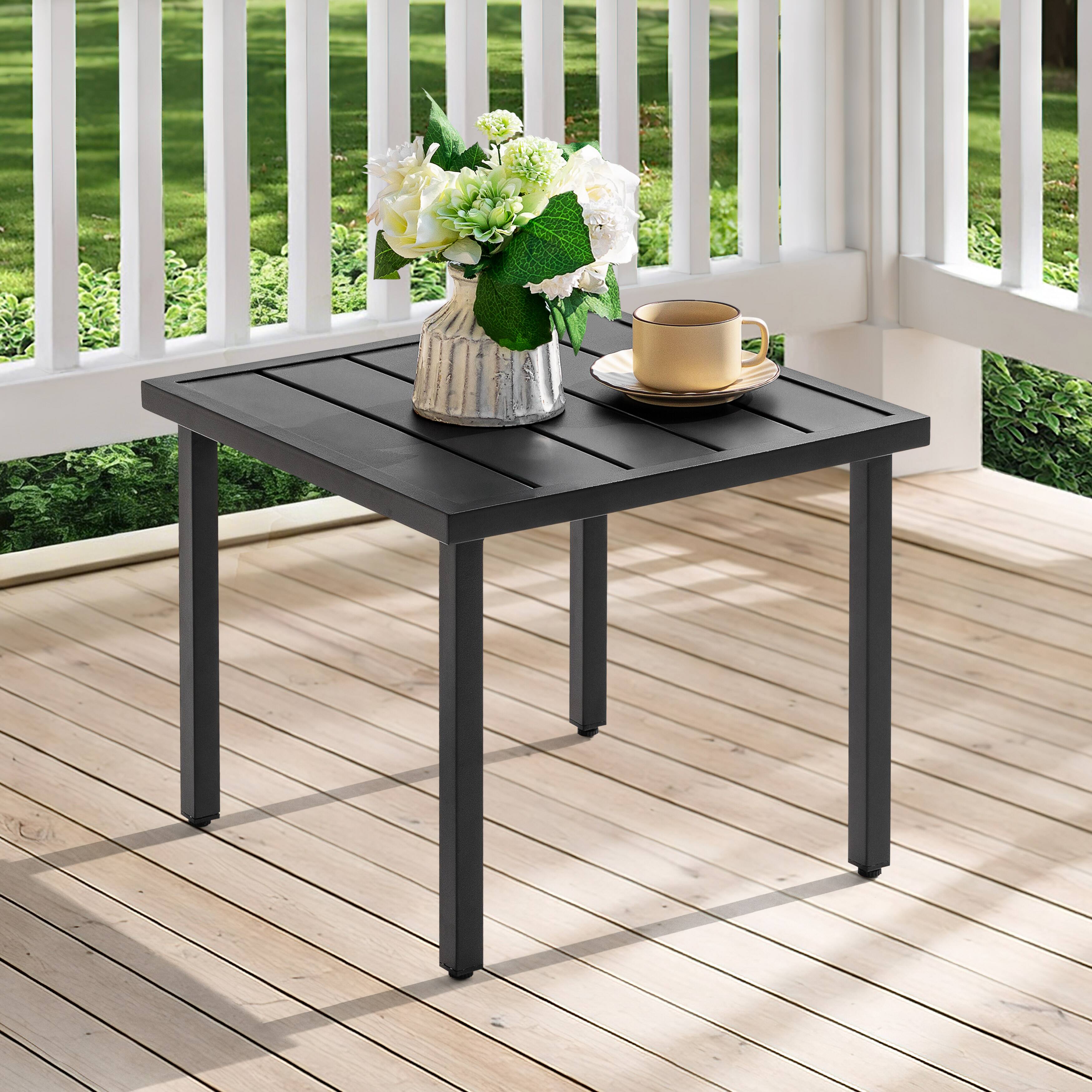 Angle. Nuu Garden - Outdoor Square Side Table, Slatted Tabletop, Adjustable Feet, Powder-Coated Metal Frame - Black.