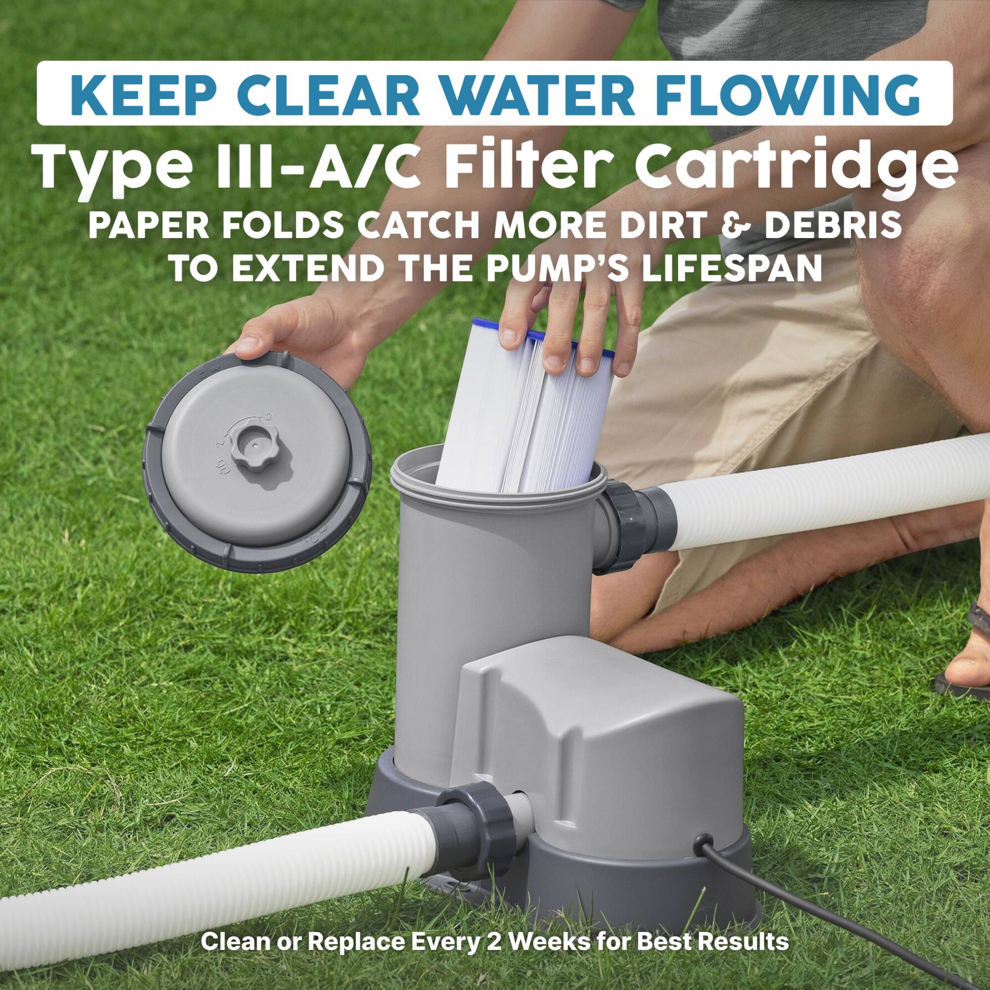 KEEP CLEAR WATER FLOWING  
Type III-A/C Filter Cartridge  
PAPER FOLDS CATCH MORE DIRT & DEBRIS TO EXTEND THE PUMP'S LIFESPAN  
Clean or Replace Every 2 Weeks for Best Results