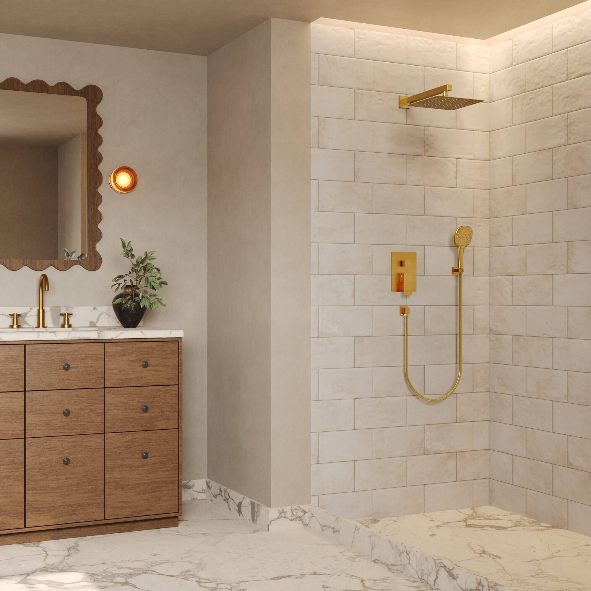 Alt View 2. GRANDJOY - Thermostatic Shower Faucet Set with 10" Rain Shower Head and Handheld Sprayer for Wall Mounted Installation - Brushed Gold.