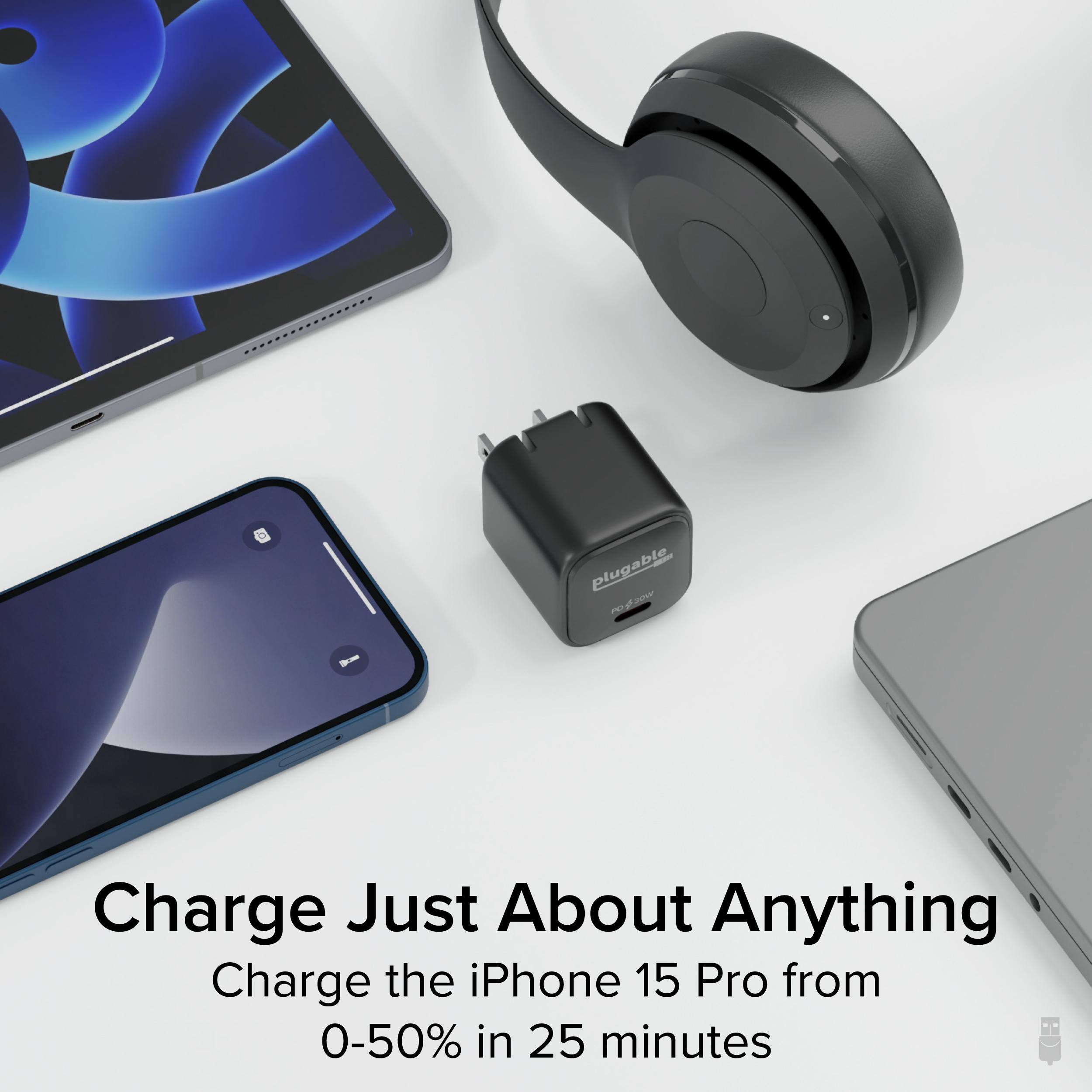 Plugable 202.500 e A 2 - Charge Just About Anything  
Charge the iPhone 15 Pro from 0-50% in 25 minutes
