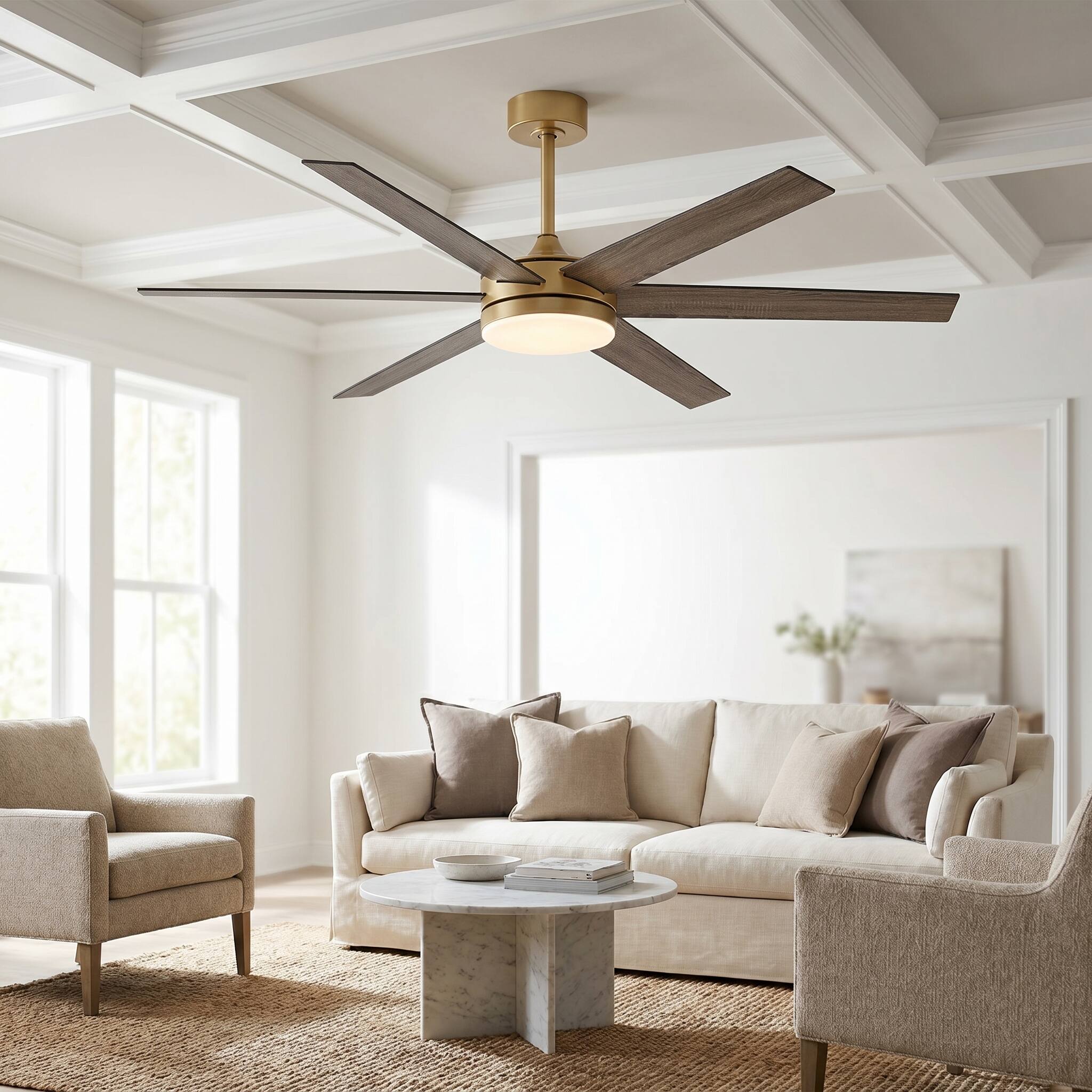 Left. Vaczon - 60 Inch Ceiling Fan with Light and Remote, 24W 3CCT Dimmable, 6 Blades, 6-Speed Reversible, Modern Ceiling Fan - Weathered wood.