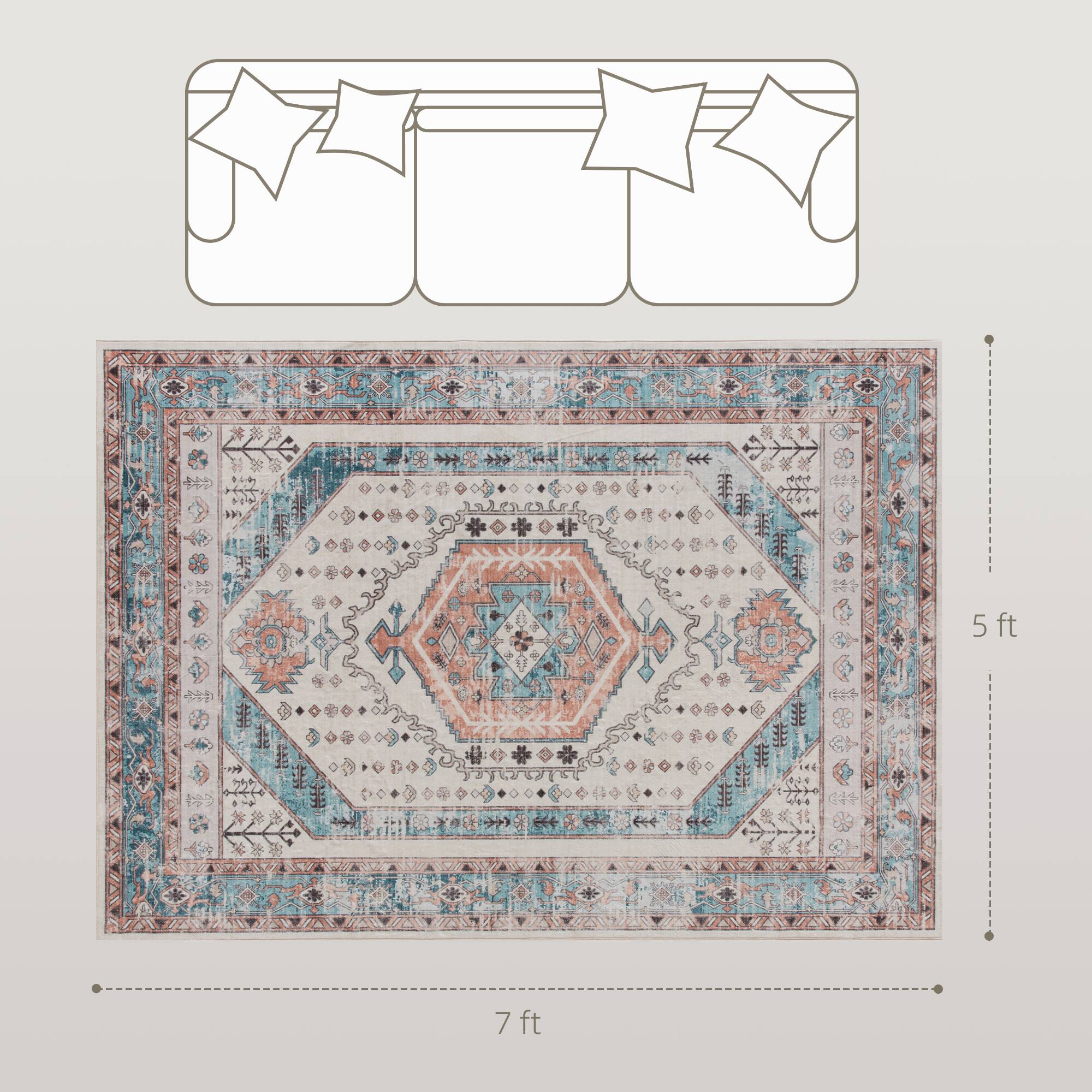 Alt View 3. Homcom - HOMCOM 5x7 Vintage Rug: Mach-Wash Non-Slip Blue Carpet, Indoor Floor Boho Distressed Living Room - Brown and Blue.