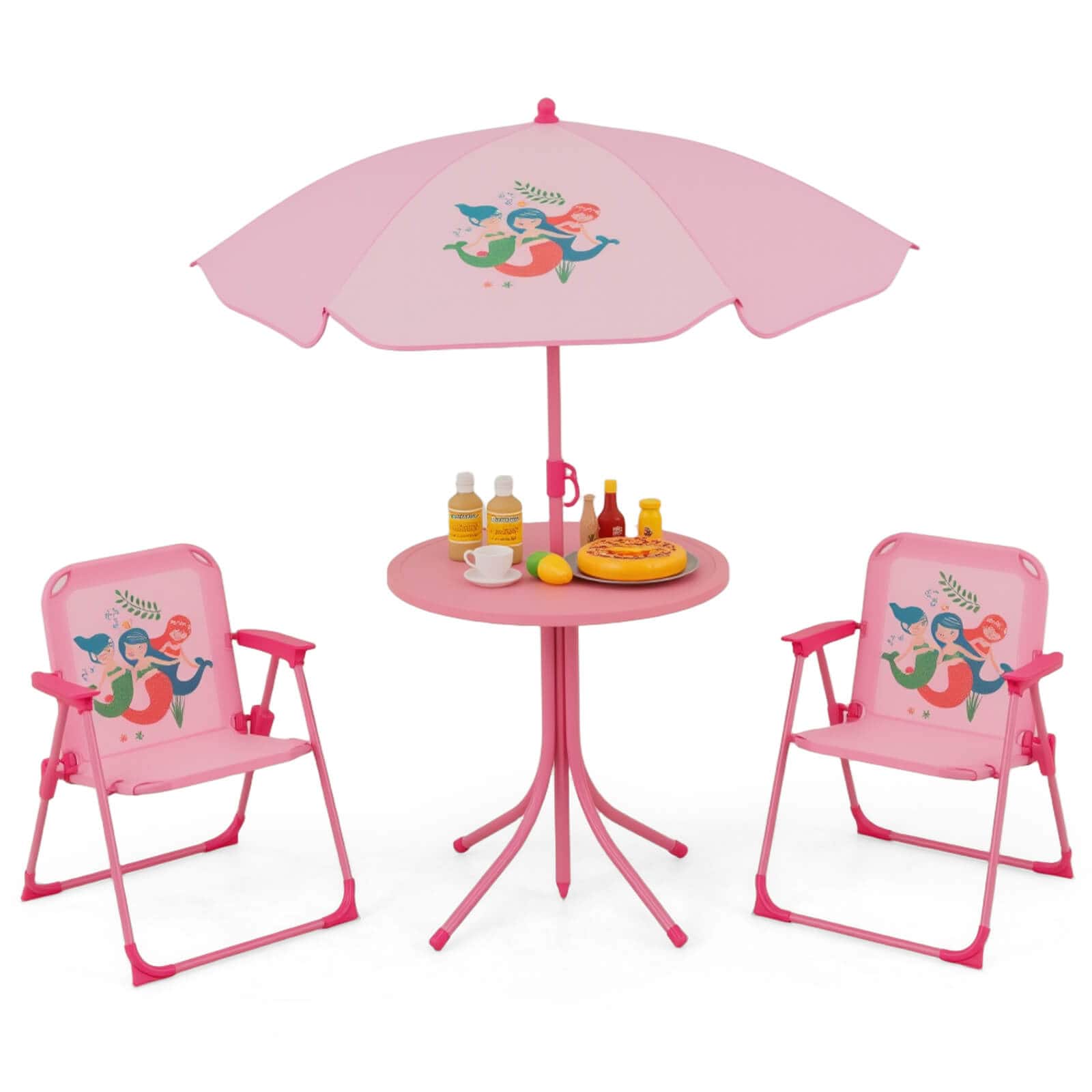 Costway - Kids Picnic Table & Chair Set with 2 Folding Chairs & Height Adjustable Umbrella - Pink