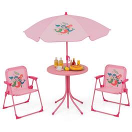 Costway - Kids Picnic Table & Chair Set with 2 Folding Chairs & Height Adjustable Umbrella - Pink