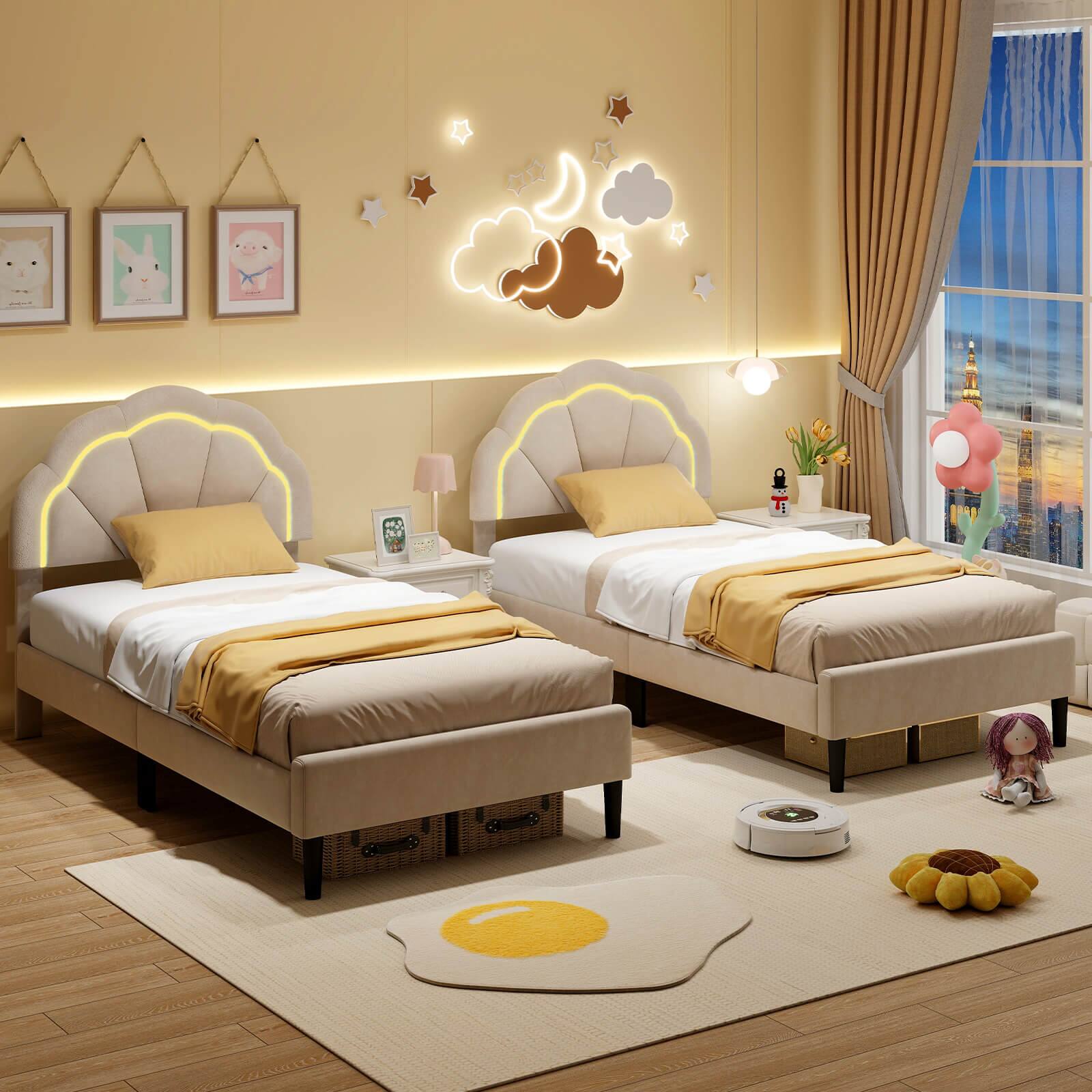 Alt View 4. Costway - Costway Twin Size Upholstered LED Bed Frame Soft Velvet Platform Bed with Flower Headboard - Beige.