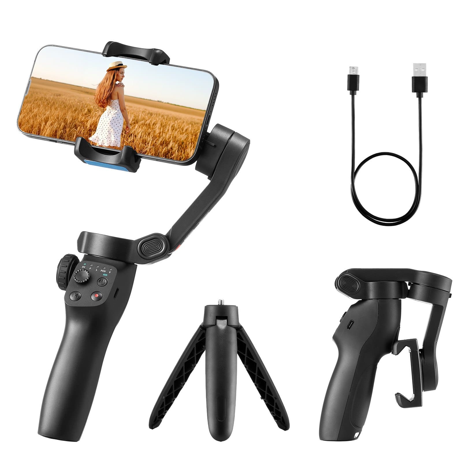 Glintex - Gimbal Stabilizer for Smartphone 3-Axis Handheld Phone Gimbal with Face Object Tracking Tripod Foldable Design for Video