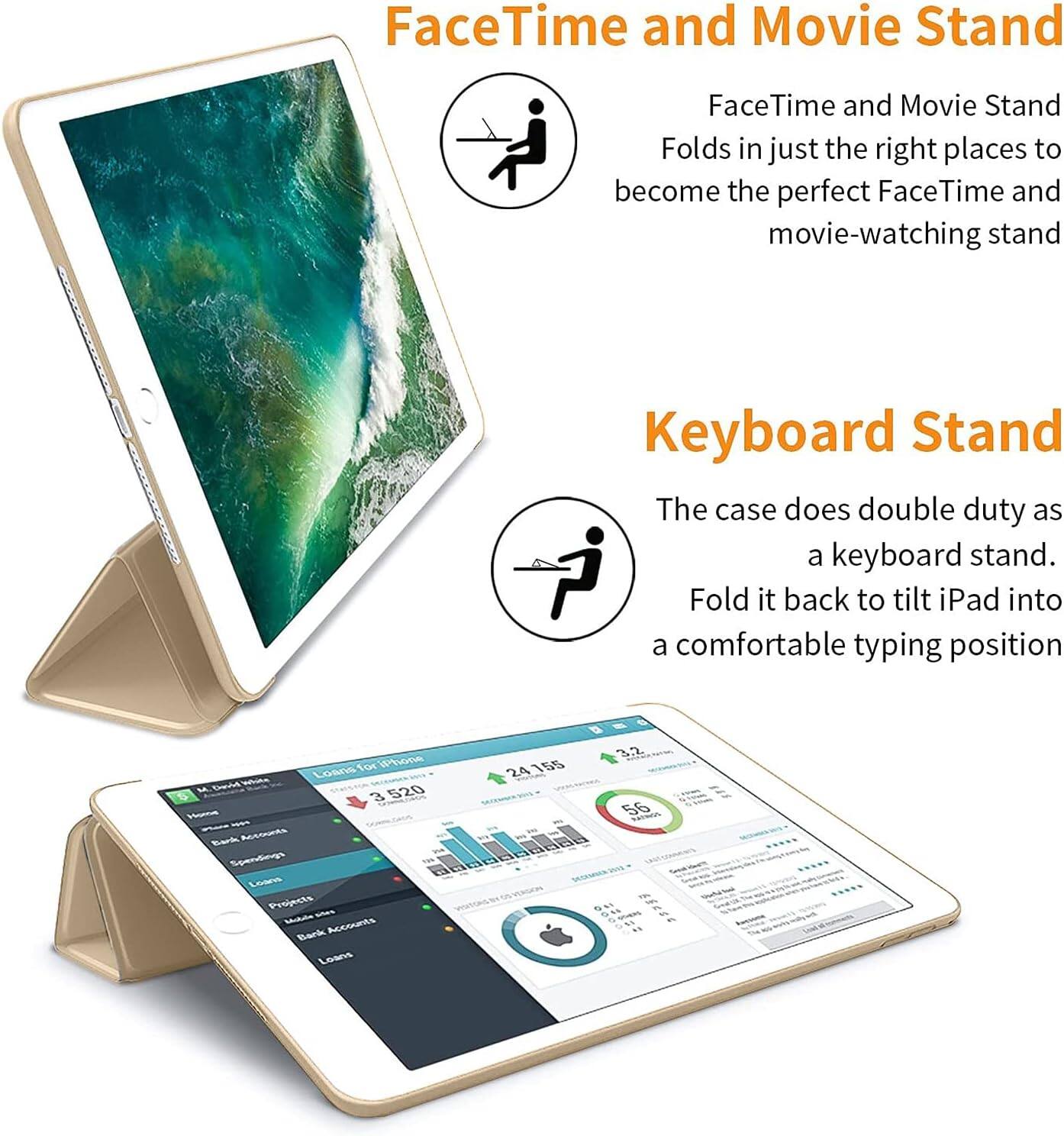 FaceTime and Movie Stand  
FaceTime and Movie Stand Folds in just the right places to become the perfect FaceTime and movie-watching stand

Keyboard Stand  
The case does double duty as a keyboard stand. Fold it back to tilt iPad into a comfortable typing position

for iPhone White Loans 3 520 Home - Bark Accounts Spendings Leans Projects sites Mobile Accounts Bank Loans  
24 155 les  
3.2 56 RATINGS The 190 10% 4.5 1% a % 51 47g