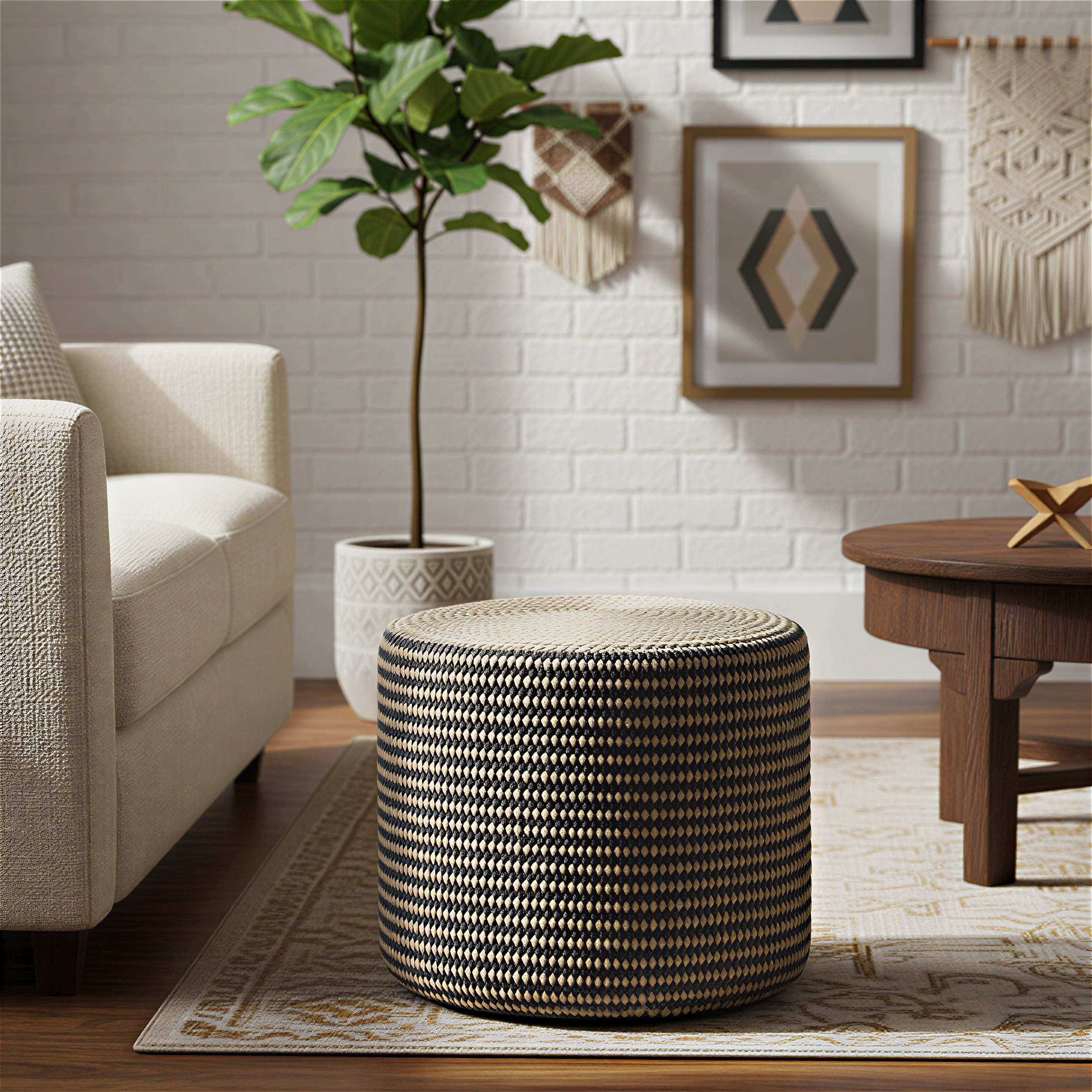 Simpli Home - Larissa 18 inch Wide Round Pouf Ottoman, Sandy Natural and Ebony Jute - Sandy Natural/Ebony