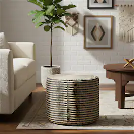 Simpli Home - Larissa 18 inch Wide Round Pouf Ottoman, Sandy Natural and Ebony Jute - Sandy Natural/Ebony