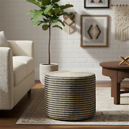 Front. Simpli Home - Larissa 18 inch Wide Round Pouf Ottoman, Sandy Natural and Ebony Jute - Sandy Natural/Ebony.