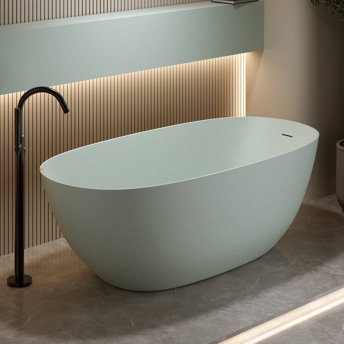 Back. Loheer - Loheer 69 in Freestanding Solid Surface Soaking Bathtub, Oval Stone Resin Tub with Center Drain - Turquoise Green.