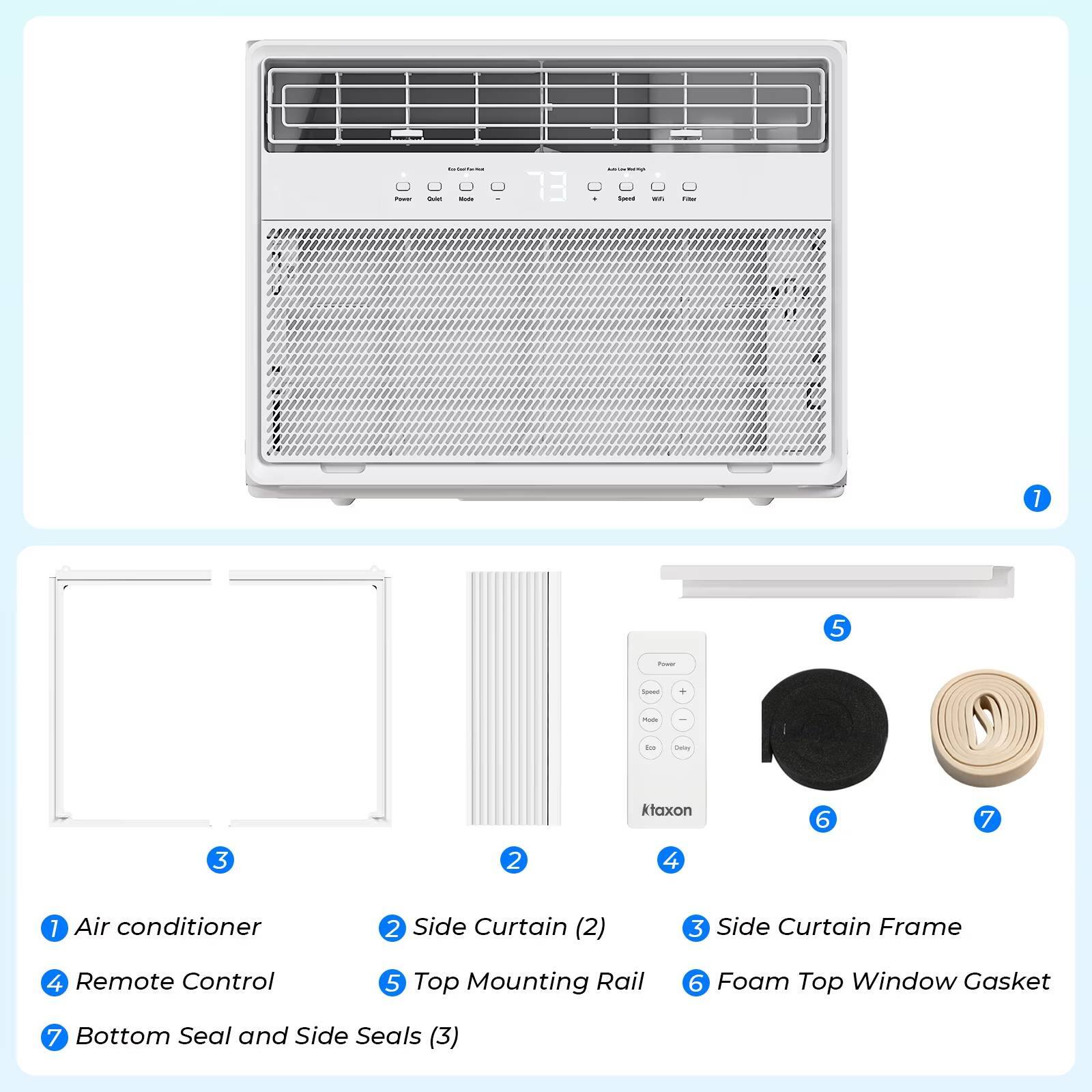 Power
StoResSed NAO Sinde
13
Spot an
Fiber
1
5
from
Speed
+
mode

Sas
Daily
Ataxon
6
7
3
2
4
1
Air conditioner
2 Side Curtain (2)
3 Side Curtain Frame
4 Remote Control
5 Top Mounting Rail
6 Foam Top Window Gasket
7 Bottom Seal and Side Seals (3)