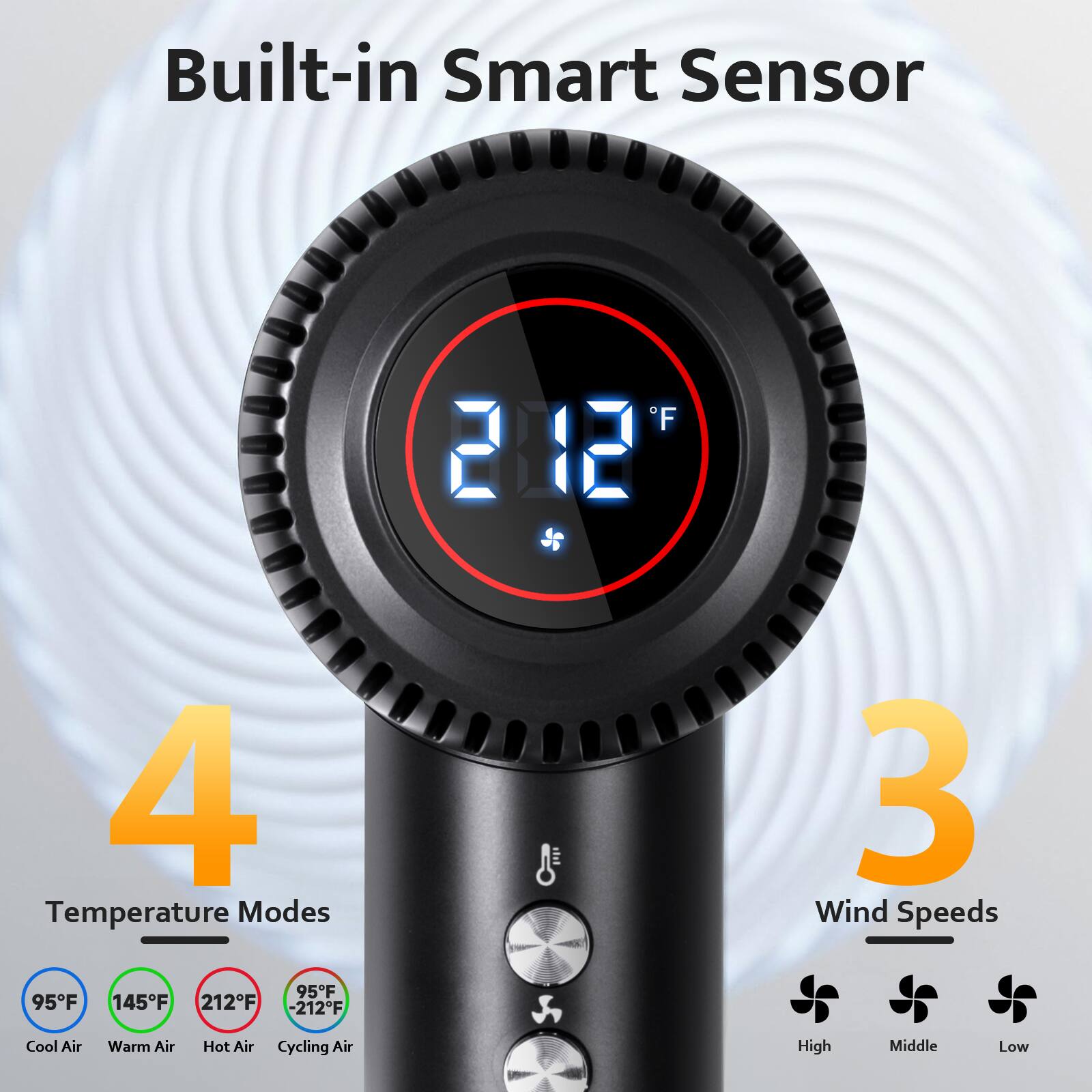 Built-in Smart Sensor

4 Temperature Modes
- 95°F Cool Air
- 145°F Warm Air
- 212°F Hot Air
- -212°F Cycling Air

3 Wind Speeds
- High
- Middle
- Low