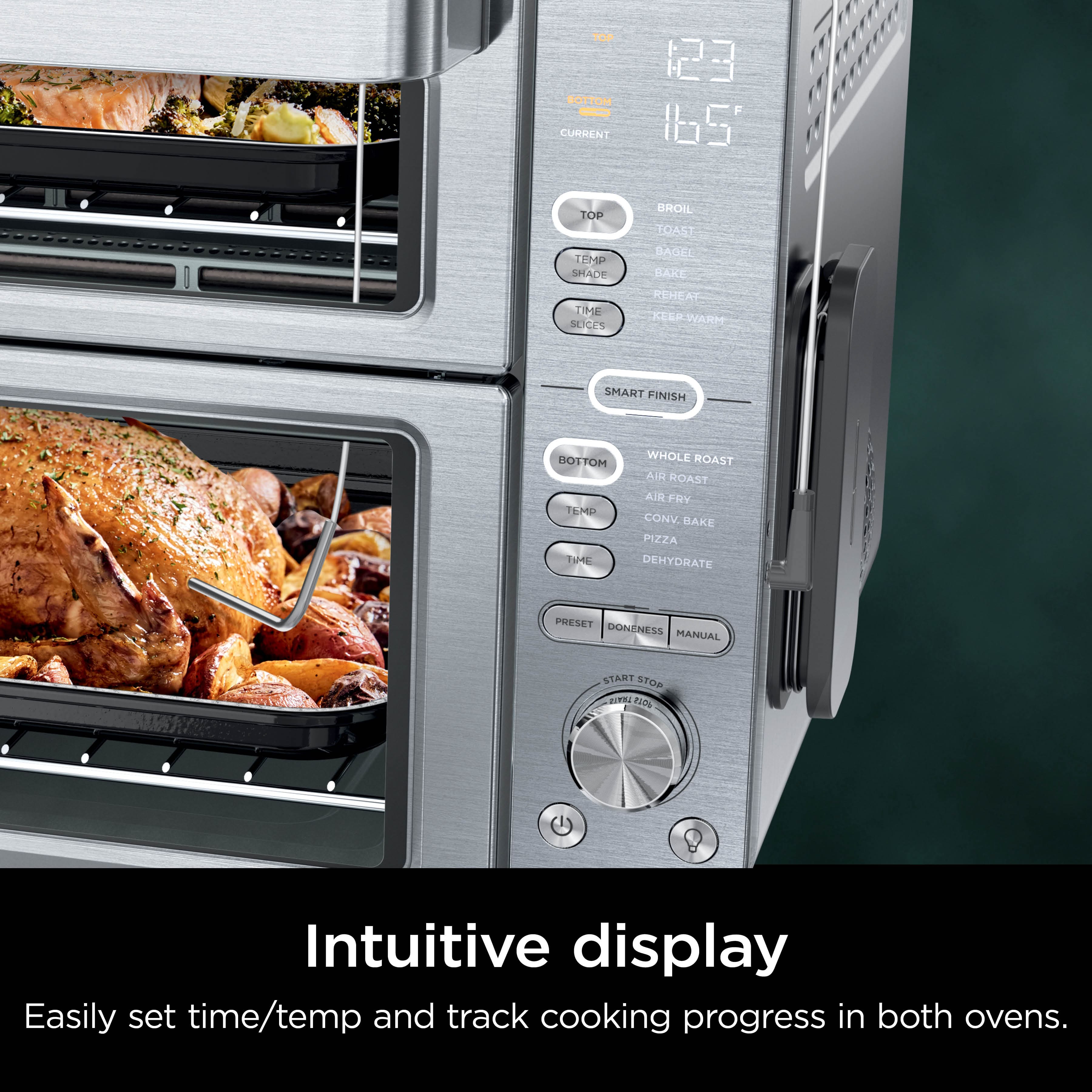 The text on the image is grouped as follows:
1. Intuitive display: Easily set time/temp and track cooking progress in both ovens.
2. Easily set time/temp and track cooking progress in both ovens.
3. Intuitive display: Easily set time/temp and track cooking progress in both ovens.
4. Easily set time/temp and track cooking progress in both ovens.
5. Intuitive display: Easily set time/temp and track cooking progress in both ovens.
6. Easily set time/temp and track cooking progress in both ovens.
7. Intuitive display: Easily set time/temp and track cooking progress in both ovens.
8. Easily set time/temp and track cooking progress in both ovens.
9. Intuitive display: Easily set time/temp and track cooking progress in both ovens.
10. Easily set time/temp and track cooking progress in both ovens.
11. Intuitive display: Easily set time/temp and track cooking progress in both ovens.
12. Easily set time/temp and track cooking progress in both ovens.
13. Intuitive display: Easily set time/temp and track cooking progress in both ovens.
14. Easily set time/temp and track cooking progress in both ovens.
15. Intuitive display: Easily set time/temp and track cooking progress in both ovens.
16. Easily set time/temp and track cooking progress in both ovens.
17. Intuitive display: Easily set time/temp and track cooking progress in both ovens.
18. Easily set time/temp and track cooking progress in both ovens.
19. Intuitive display: Easily set time/temp and track cooking progress in both ovens.
20. Easily set time/temp and track cooking progress in both ovens.