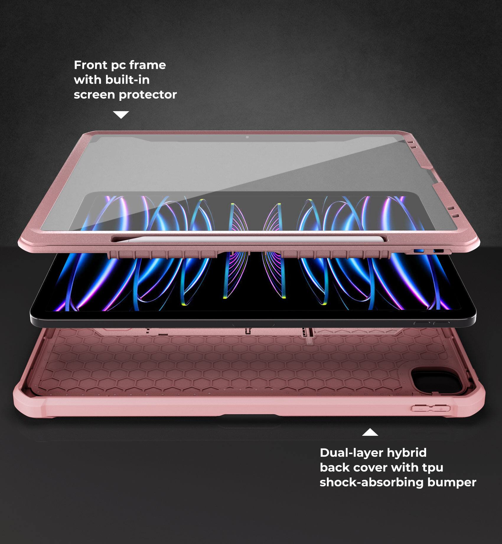 Front pc frame with built-in screen protector

Dual-layer hybrid back cover with tpu shock-absorbing bumper