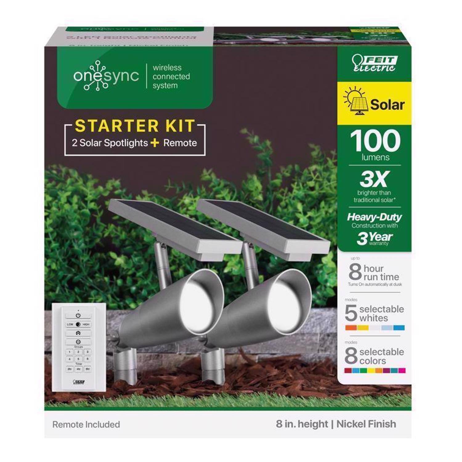 CARY wireless onesync connected system STARTER KIT 2 Solar Spotlights + Remote  
FEIT Electric Solar 100 lumens 3X brighter than traditional solar*  
Heavy-Duty Construction with 3 Year warranty  
LE to 8 hour run time  
Turns On automatically at dusk  
5 whites modes selectable  
8 colors modes selectable  
4 Remote Included  
8 in. height | Nickel Finish