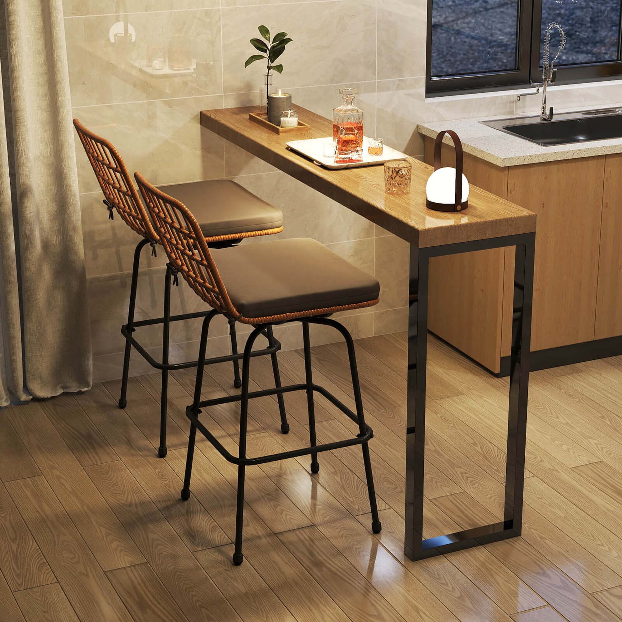 Alt View 1. Costway - Patio 360° Swivel Bar Stools Set of 2 with Backrests & Footrests Soft Seat Cushions - Light Brown + Gray.