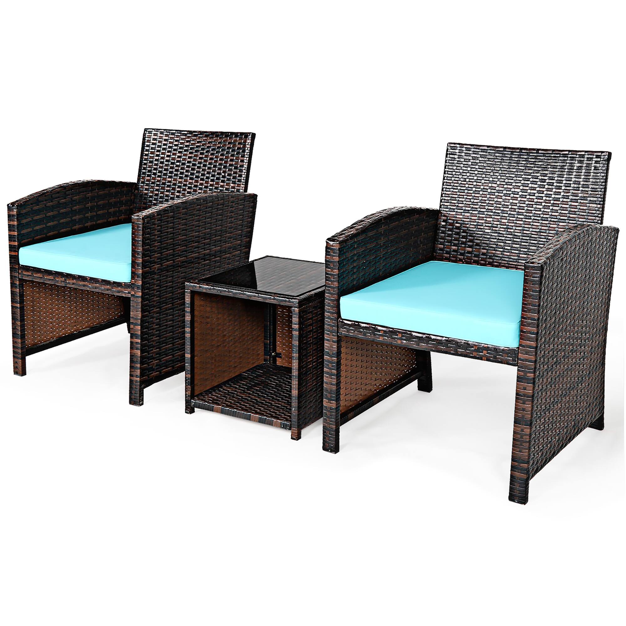 Left. Costway - 3PCS Patio Rattan Wicker Furniture Cushion Sofa Coffee Table - Turquoise,Mix brown.