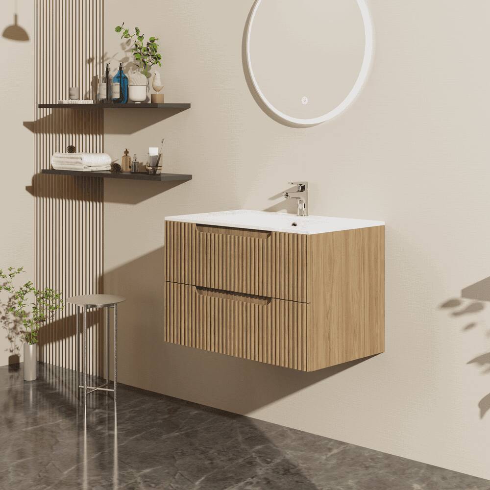 Alt View 1. Kadyn - 30" Wall-Mounted Floating Bathroom Vanity Cabinet - Soft-Close System, 2 Extra Big Drawers, Sink Not Included, Walnut - Brown.