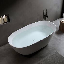 Loheer - 65 in Freestanding Soaking Bathtub, Solid Surface Stone Resin, Overflow and Pop Up Drain - Matte White
