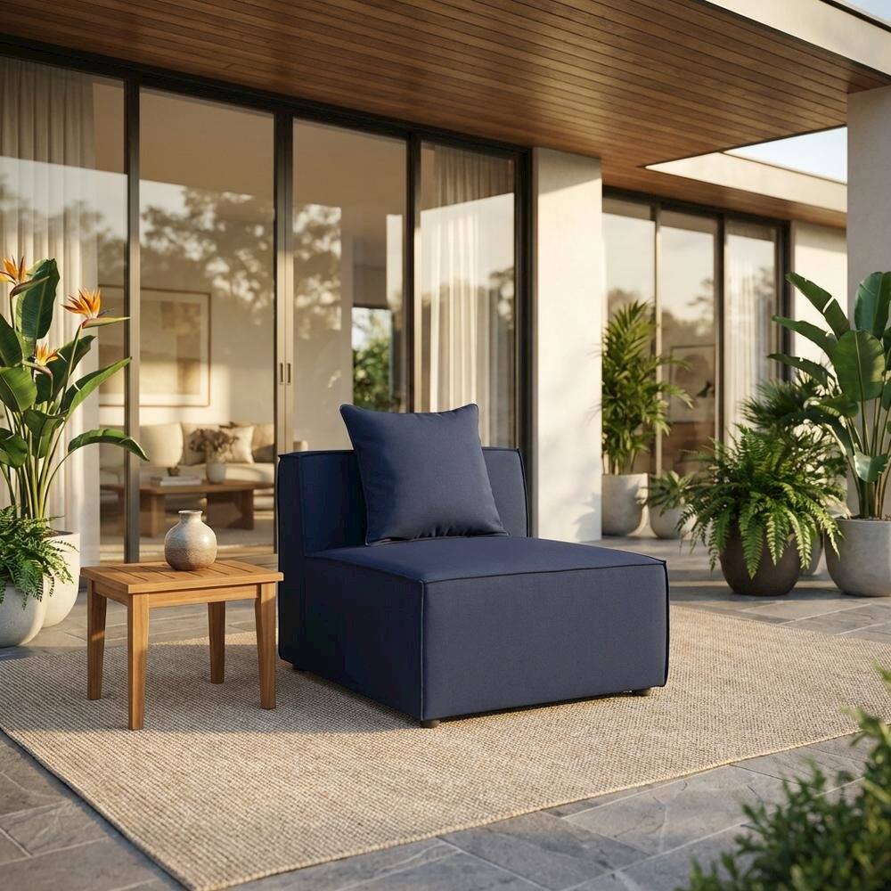Angle. Outdoor Escape - Outdoor Patio Upholstered Armchair in Neutral Color for Comfortable Seating - Blue.