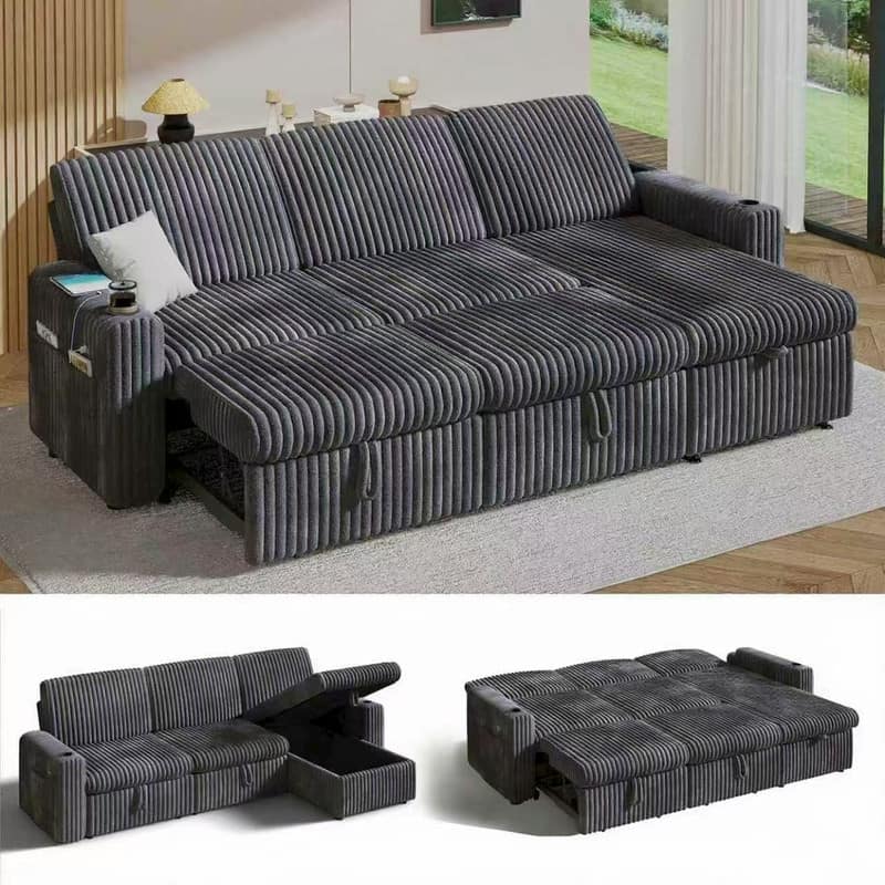 Front. Dyonery - Dyonery 101-in  Sectional Sofa Bed with Reclining Backrest/USB Ports/Cup Holders, Tool Free Assembly, Plush Corduroy - Grey.