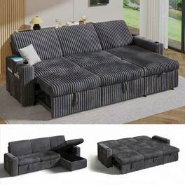 Dyonery - 101-in Sectional Sofa Bed with Reclining Backrest/USB Ports/Cup Holders, Tool Free Assembly, Plush Corduroy - Gray