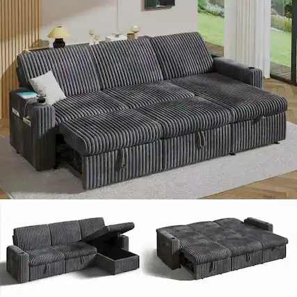 Front. Dyonery - Dyonery 101-in Sectional Sofa Bed with Reclining Backrest/USB Ports/Cup Holders, Tool Free Assembly, Plush Corduroy - Grey.