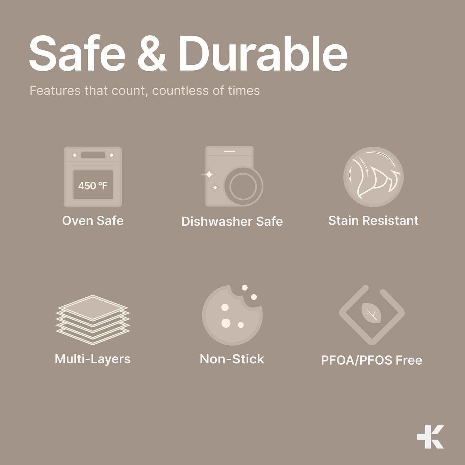 Safe & Durable

Features that count, countless of times

- Oven Safe
- Dishwasher Safe
- Stain Resistant
- Multi-Layers
- Non-Stick
- PFOA/PFOS Free