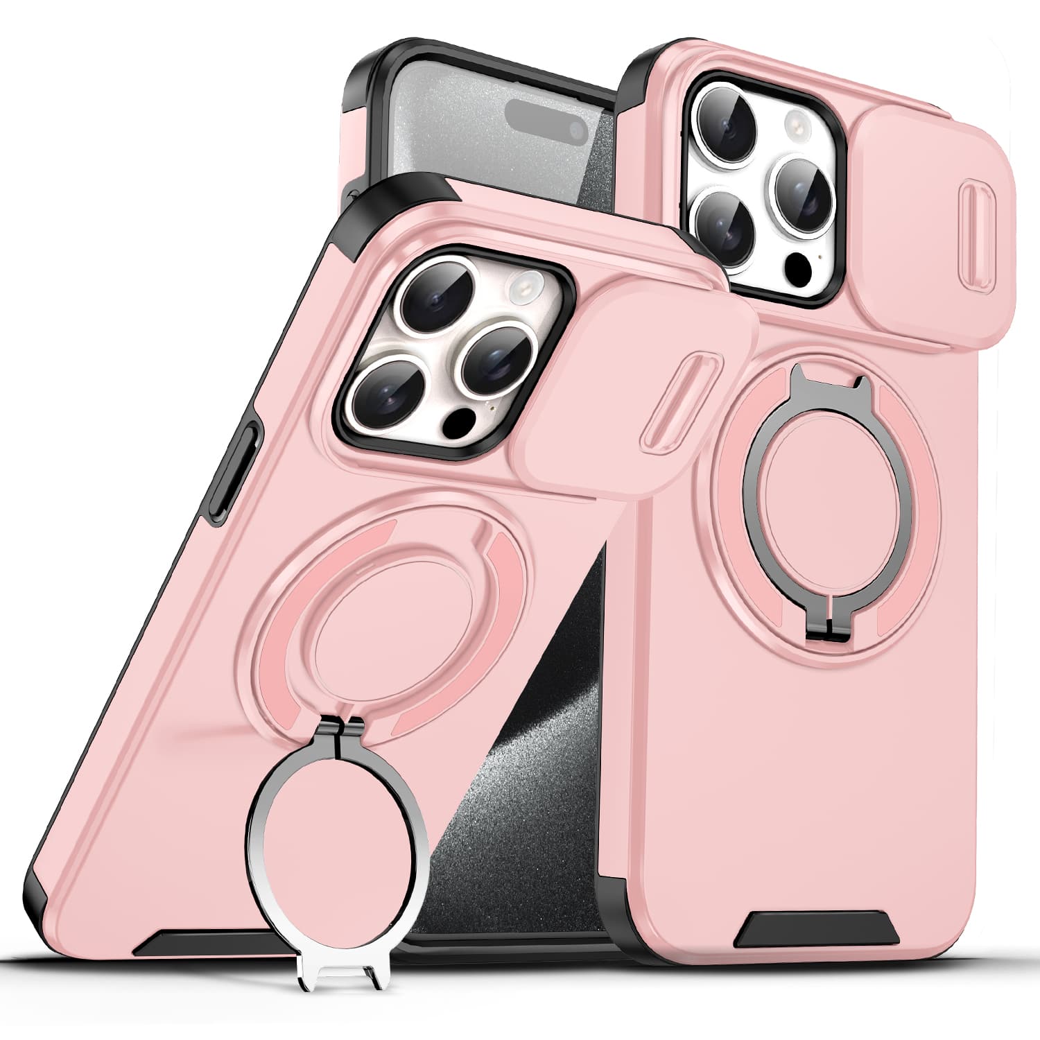 UUCOVER - For Apple iPhone 15 Pro Max Magnetic Case with Slide Camera Lens Cover & 360° Ring Stand - Drop Protection Phone Shell - Pink