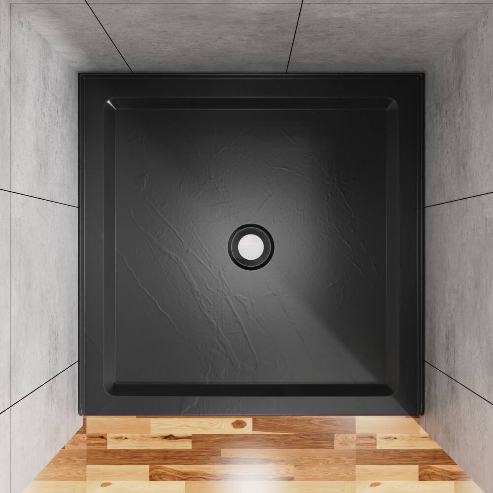 Left. JUJABU - 36"x36" Shower Base 3.5" Height Anti-slip Acrylic Center Drain Single Threshold Shower Base in Slate Black - Black.