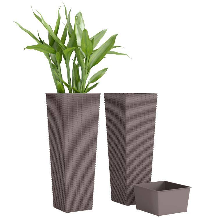Front. PULUZ - 32 Inch Tall Planters for Outdoor Plants, Set of 2 Plastic Flower Pots with Drainage Holes - Brown.