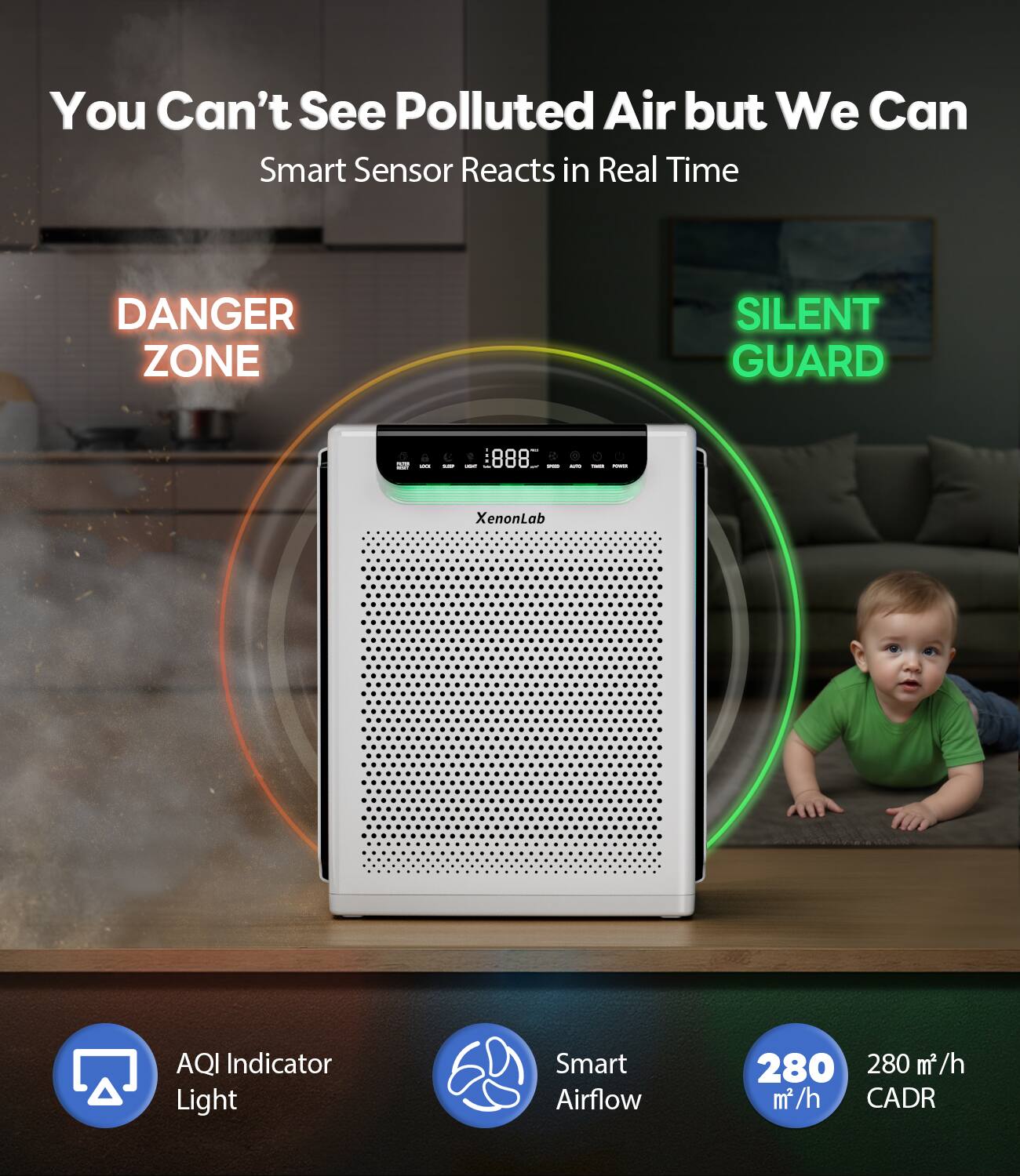 You Can't See Polluted Air but We Can  
Smart Sensor Reacts in Real Time  

DANGER ZONE  
SILENT GUARD  

XenonLab AQI Indicator Light  
Smart Airflow  
280 m³/h CADR