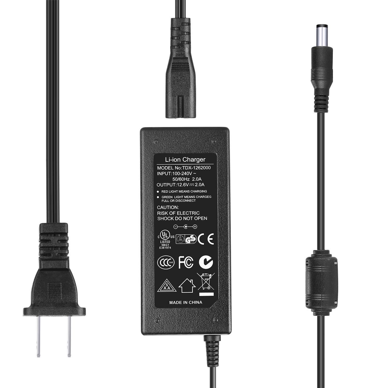 Li-ion Charger  
MODEL No: TDX-1262000  
INPUT: 100-240V 50/60Hz 2.0A  
OUTPUT: 12.6V=2.0A 2.6Vm  
RED LIGHT MEANS CHARGING  
GREEN LIGHT MEANS CHARGE FULL OR DISCONNECT  
CAUTION: RISK OF ELECTRIC SHOCK DO NOT OPEN  

UL  
US  
CE  
361814  
CCC  
FC  

MADE IN CHINA