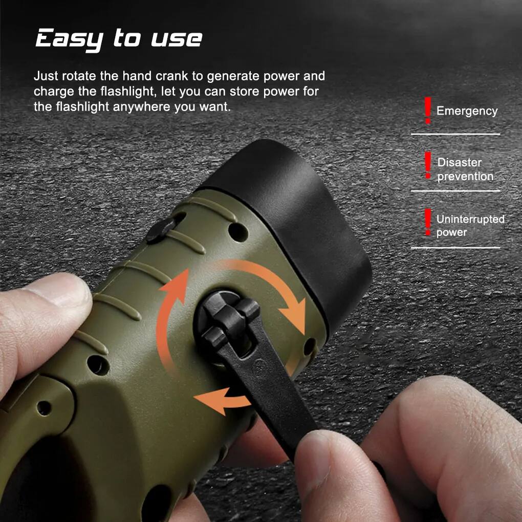 Easy to use  
Just rotate the hand crank to generate power and charge the flashlight, let you can store power for the flashlight anywhere you want.

- Emergency
- Disaster prevention
- Uninterrupted power