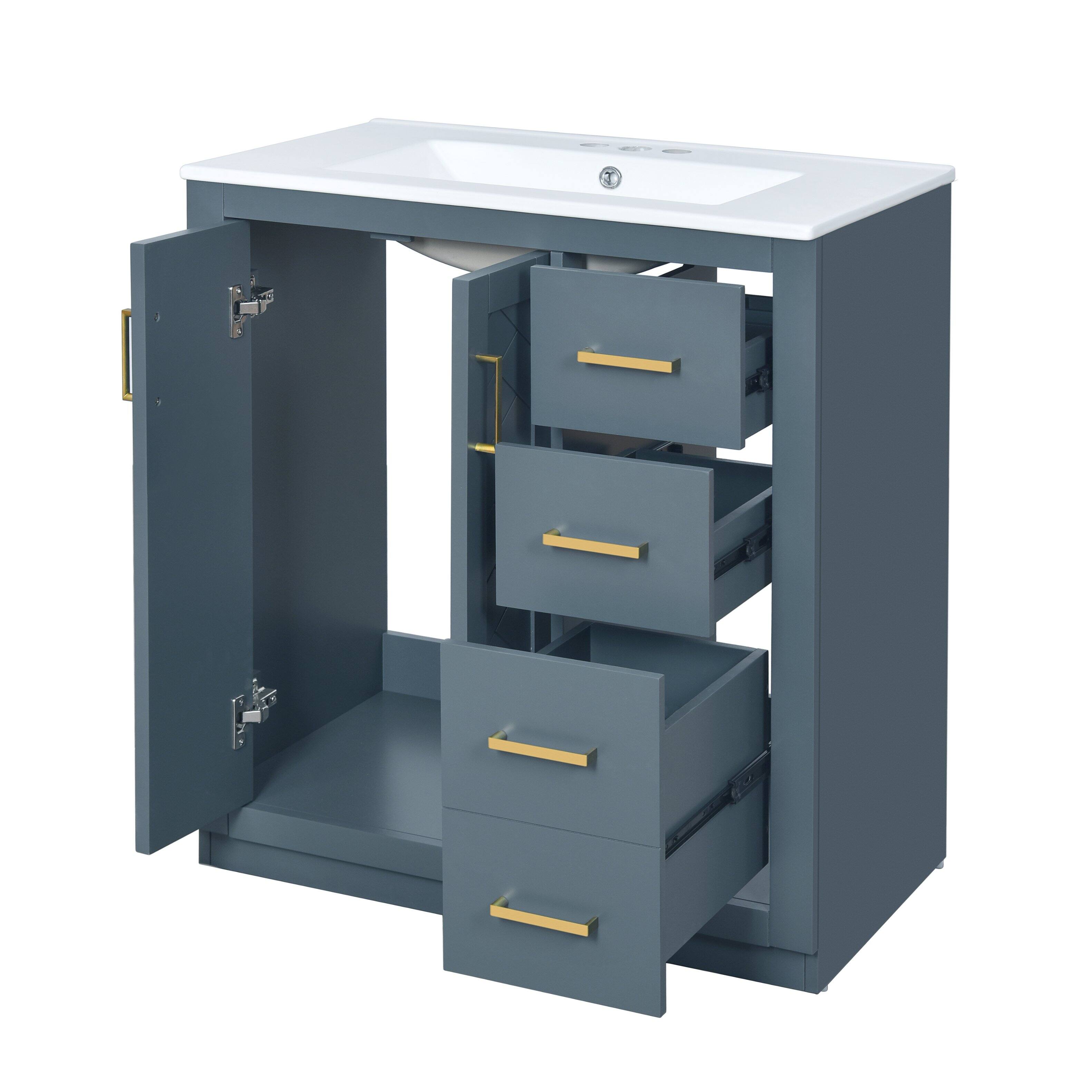 Alt View 9. Tiramisubest - 30" Bathroom Vanity with Ceramic Sink Combo, Bathroom Storage Cabinet, Freestanding Vanity Set with 3 Drawers - Blue.