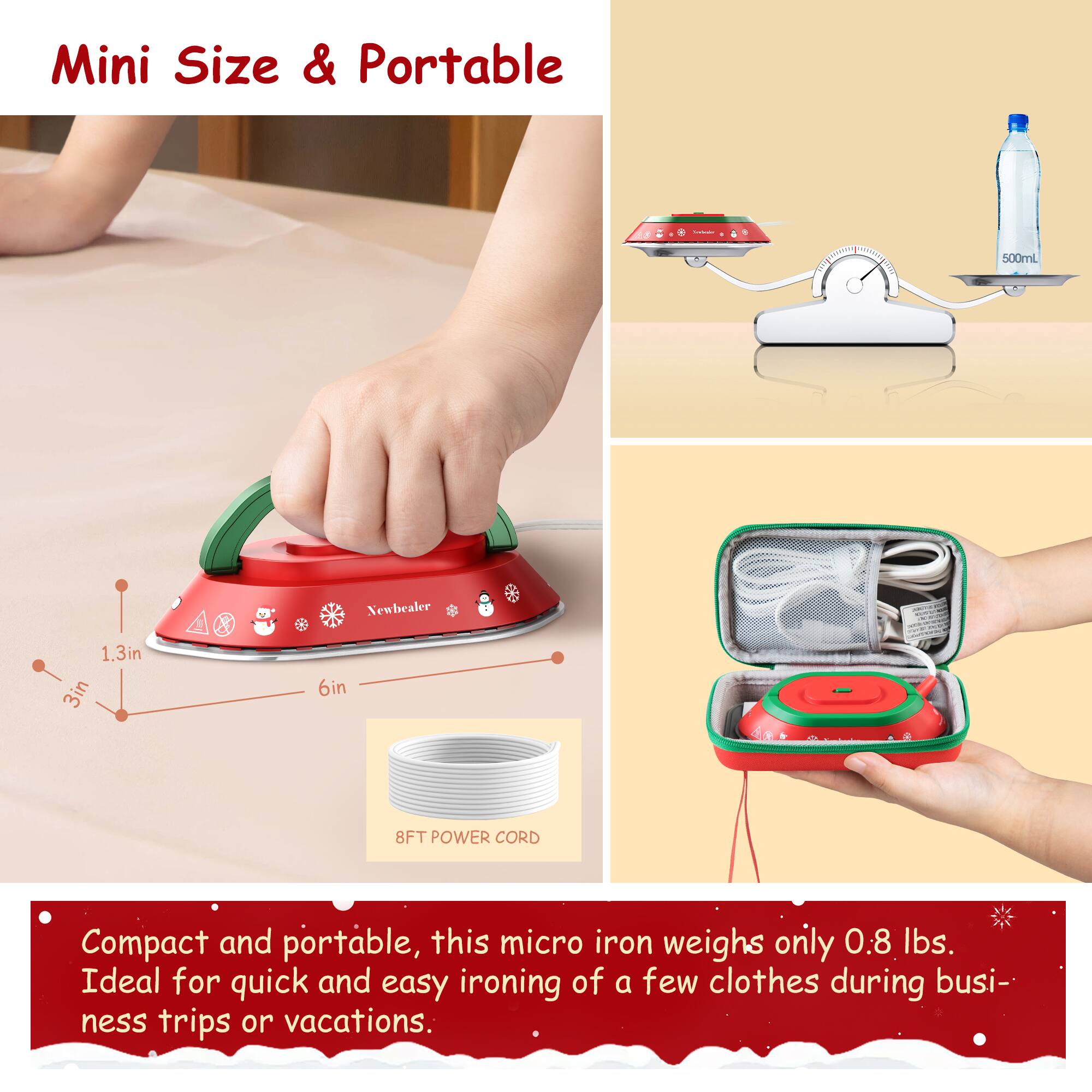Mini Size & Portable

Compact and portable, this micro iron weighs only 0.8 lbs. Ideal for quick and easy ironing of a few clothes during business trips or vacations.

CRTIMAATE 500mL

1.3in 3in 6in 8FT POWER CORD
