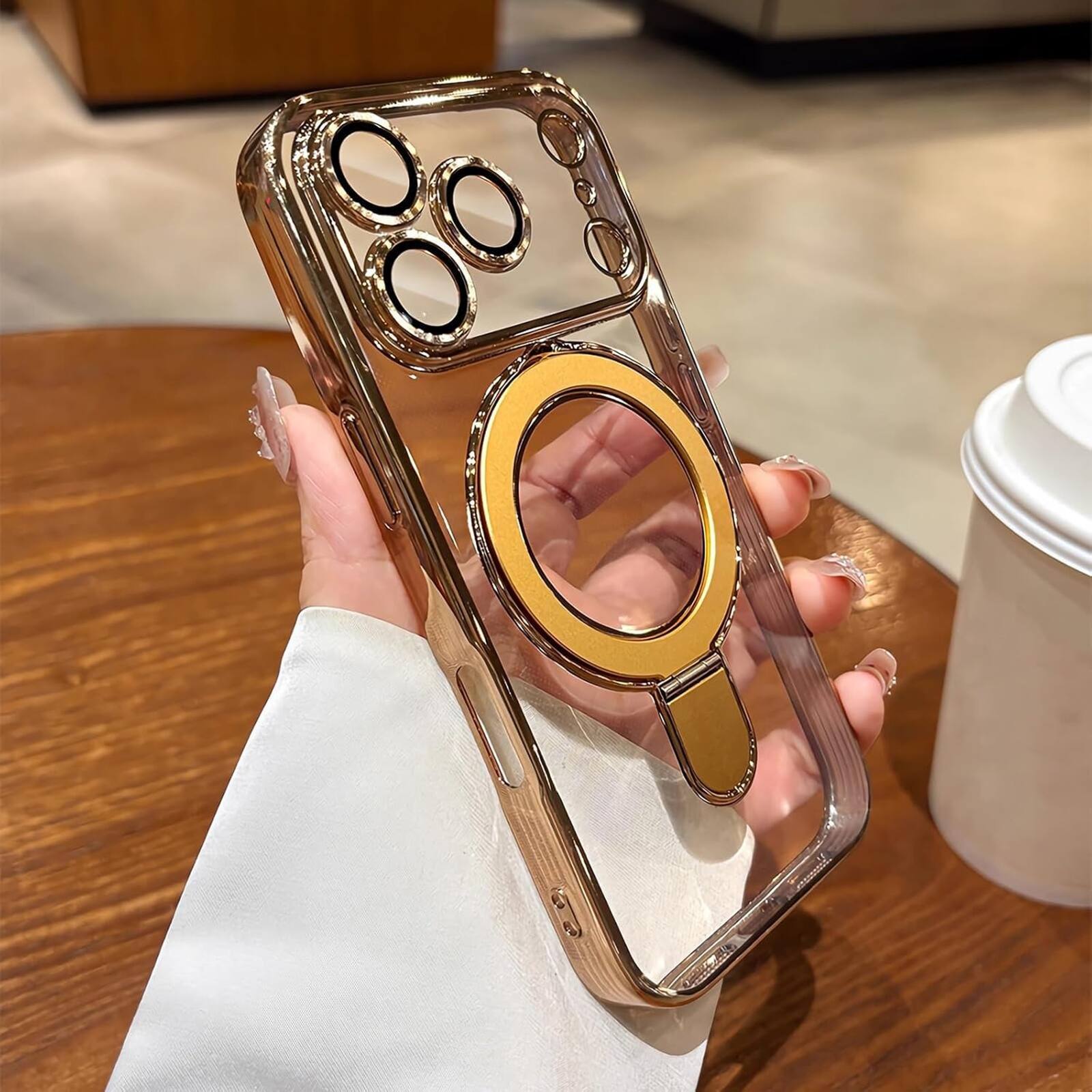 Left. UUCOVER - Magnetic Case for iPhone 18 Pro Max,Shockproof TPU+PC Clear Case Ring Stand Compatible with MagSafe Camera Lens Cover - Gold.