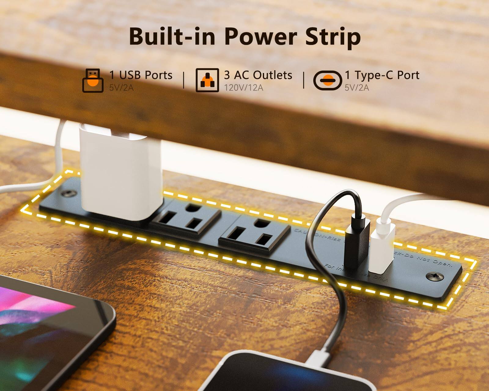 Built-in Power Strip  
1 USB Port 5V/2A  
3 AC Outlets 120V/12A  
1 Type-C Port 5V/2A